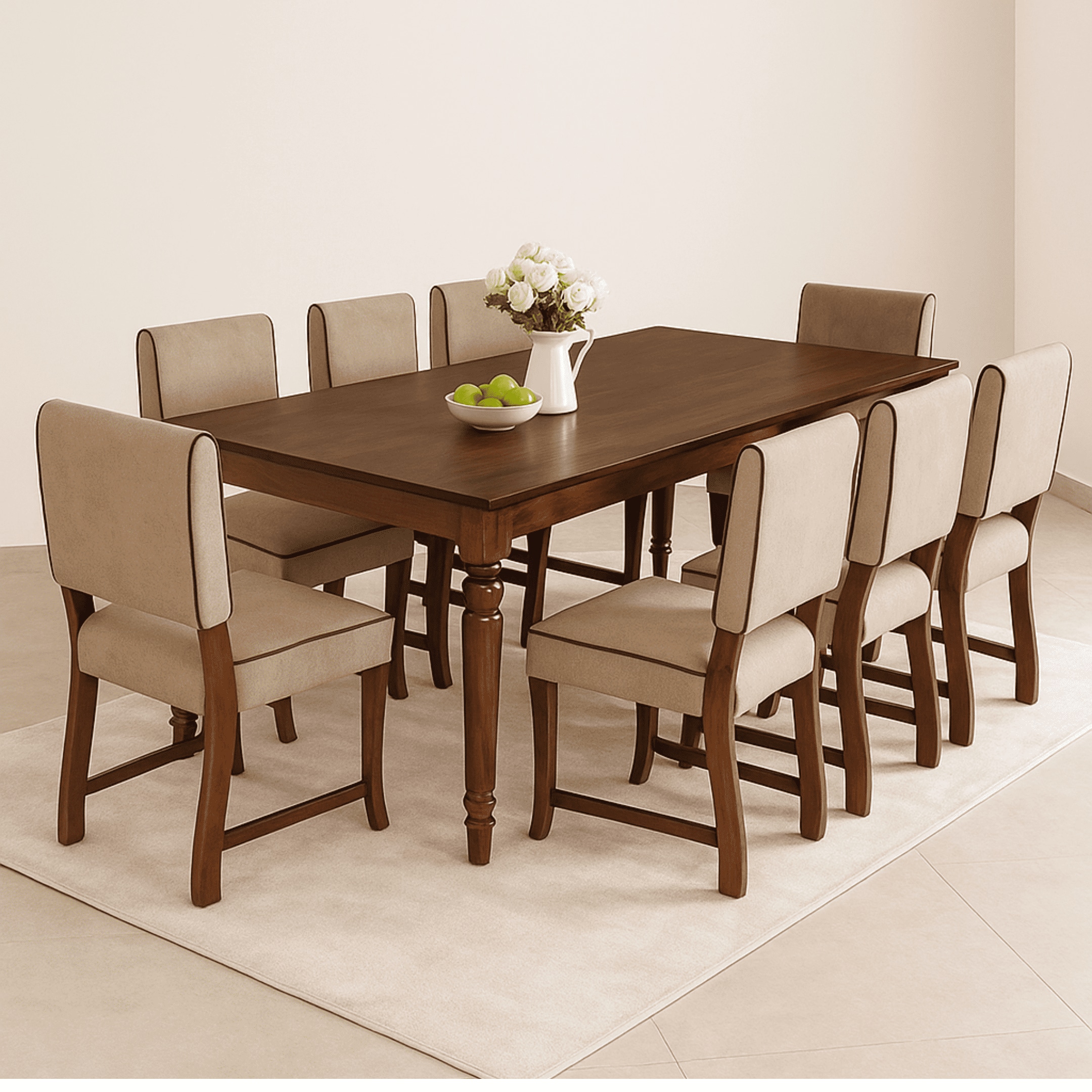 Globally Indian Sheesham Wood 8 Seater Dining Set With Upholstered Chairs Back And Seat In Beige Color