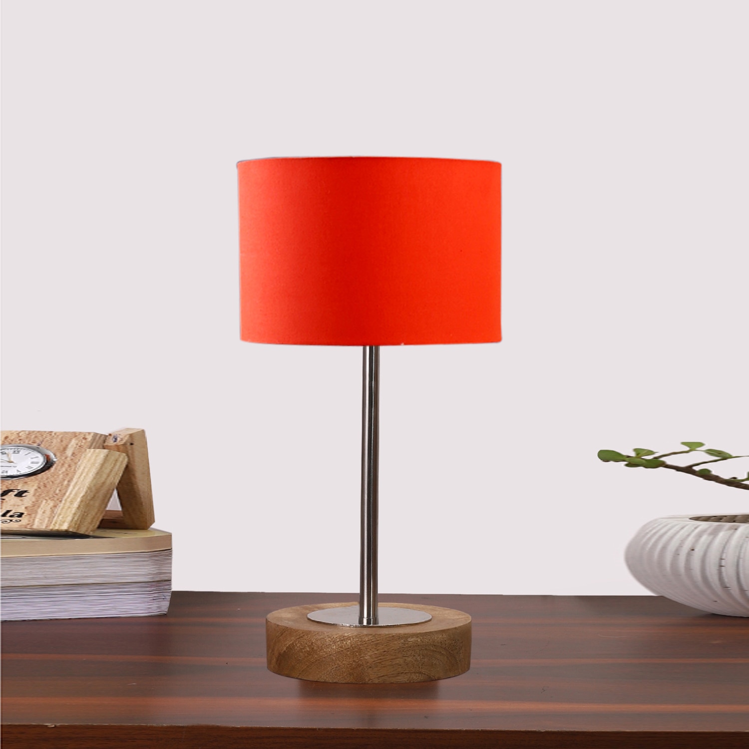 Devansh Orange Cotton Table Lamp With  Natural  Wood Base  & Steel Pipe (7X17 Inches)-5 - Devansh