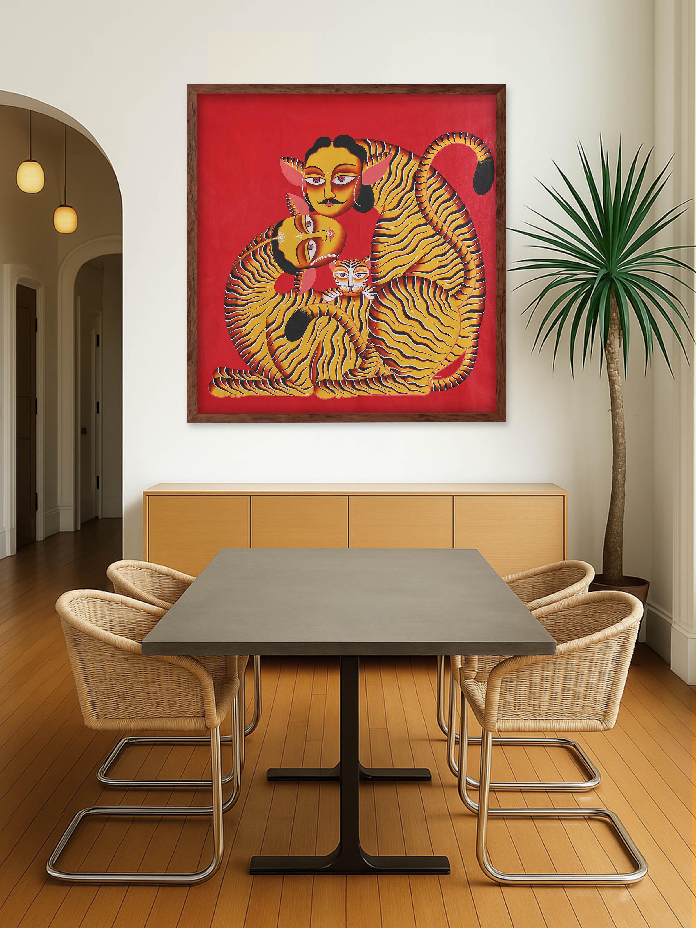 Hand-painted tiger couple Kalighat artwork – side view