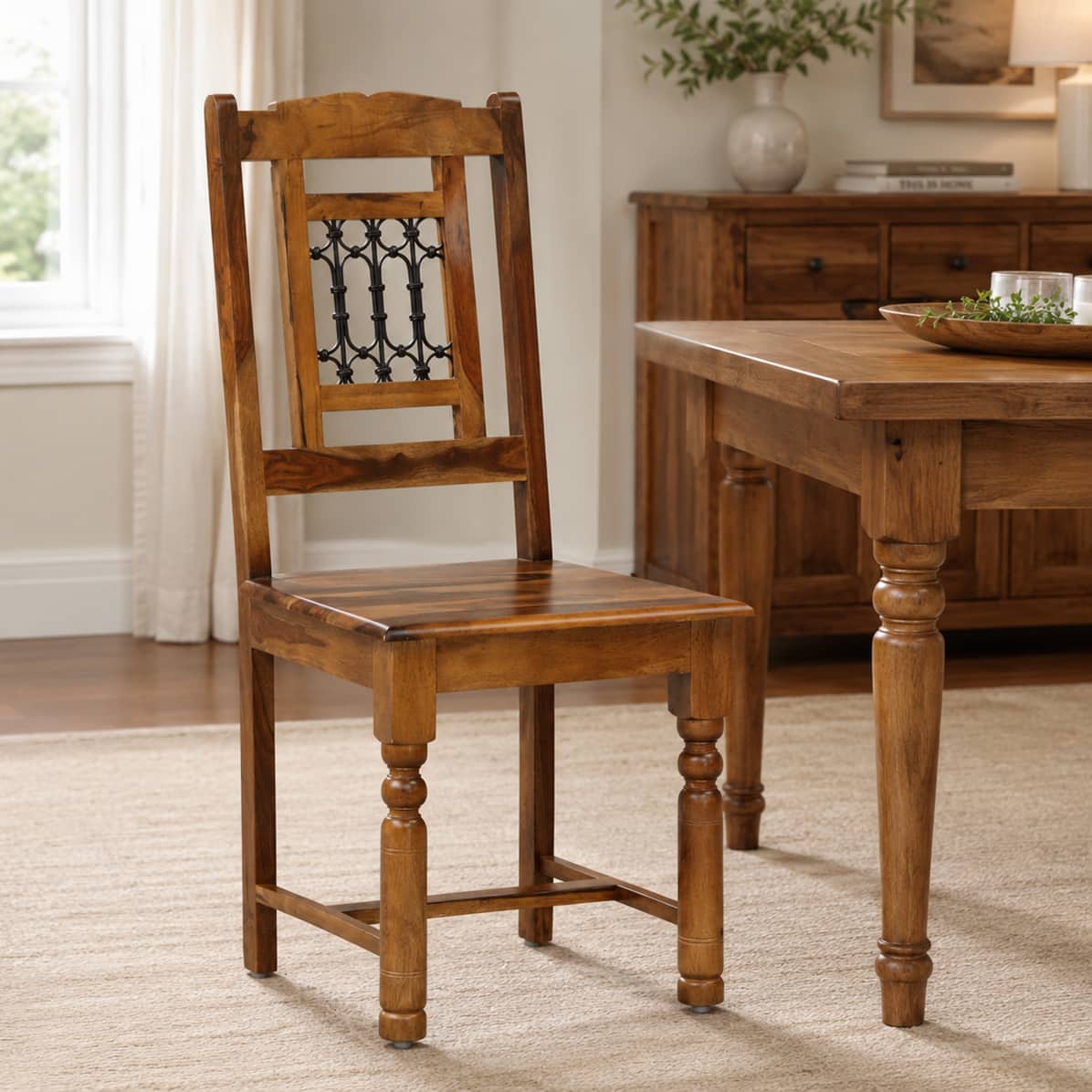 Kafano Sheesham Wood Dining Chairs in Provincial Teak Finish Set of 2 - Woodenmood