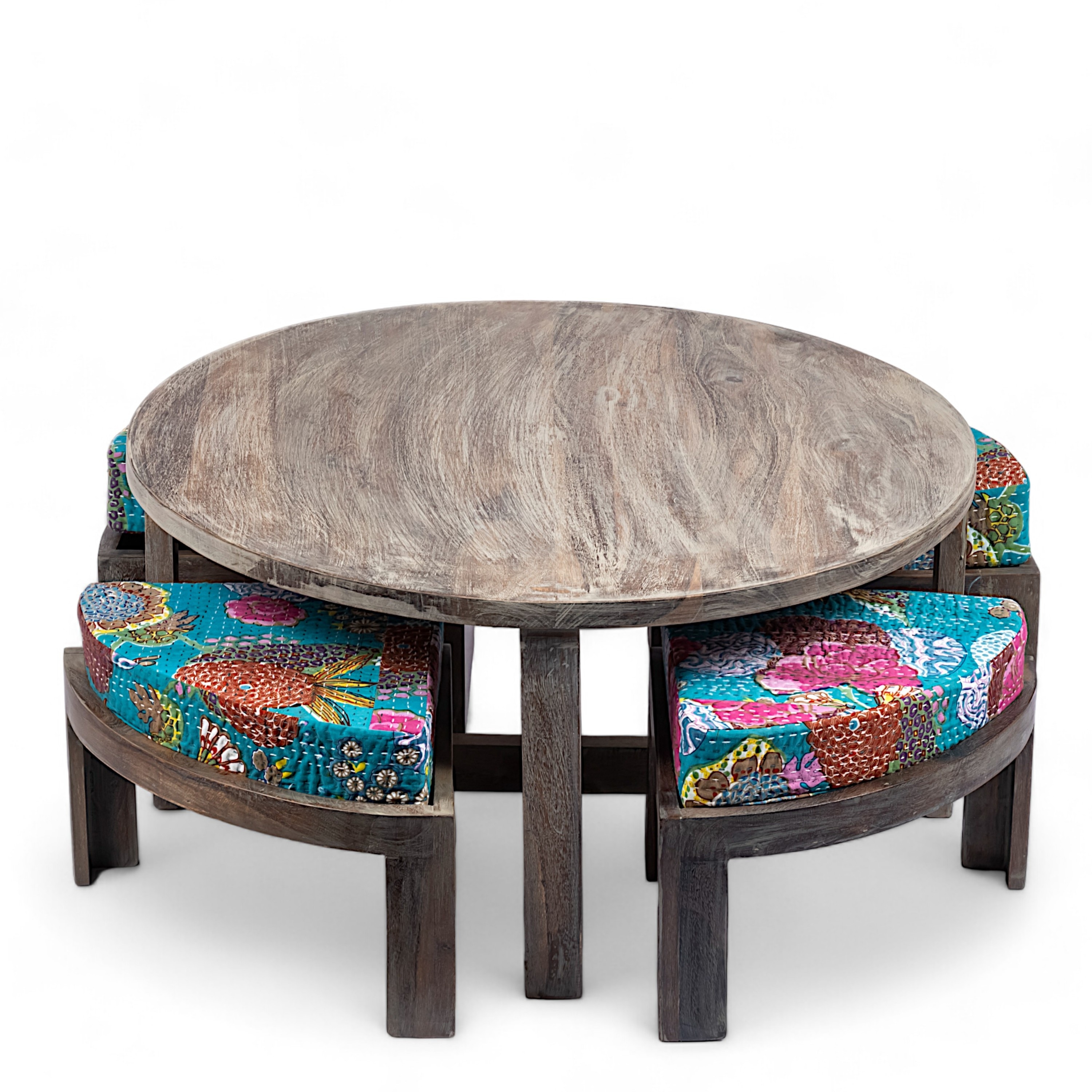 Nashville Sheesham Wood 4 Seater Coffee Table Set In Antique Grey Finish Floral Print Green Kantha Cushion
