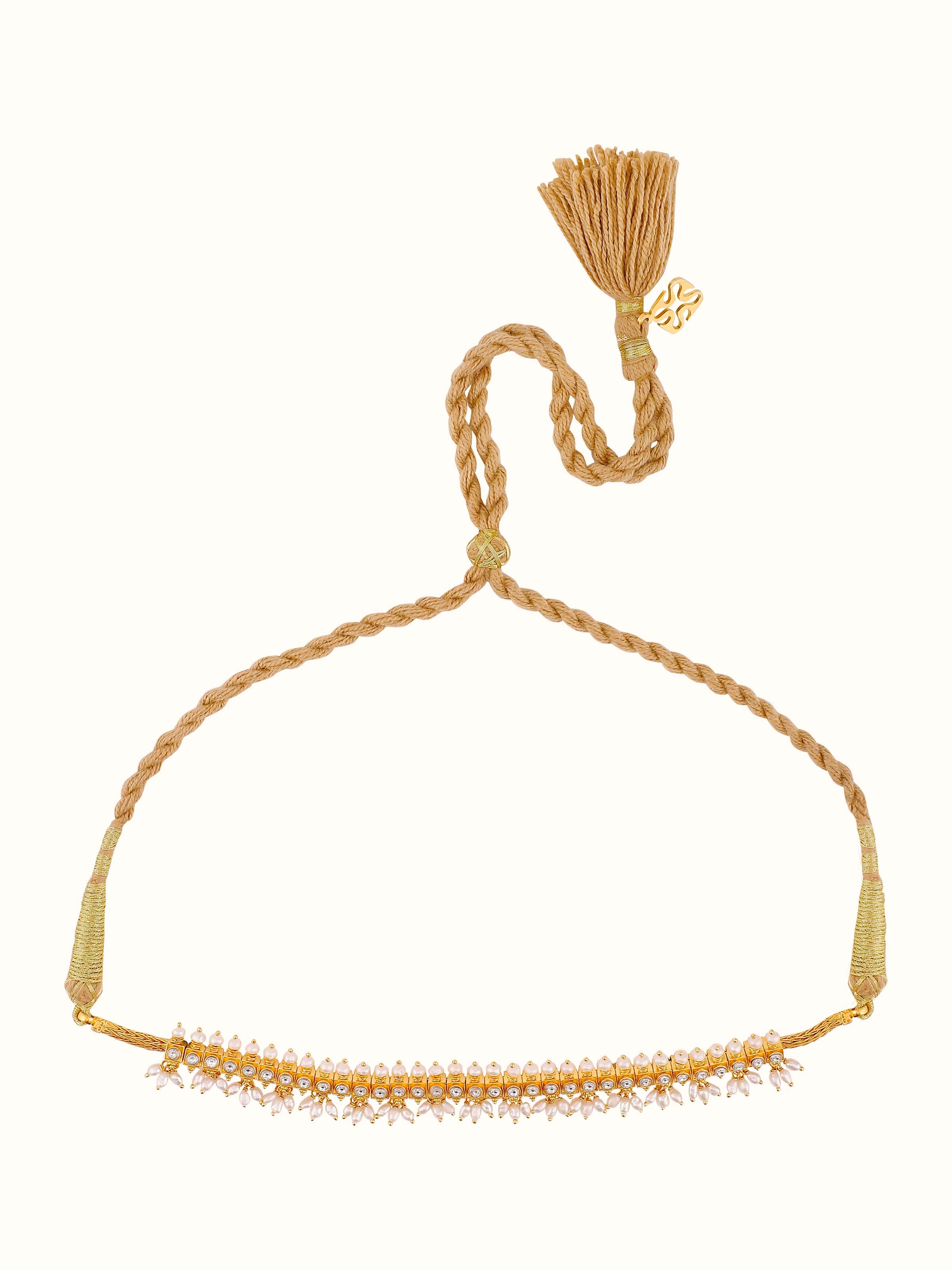 Front view of Guttapusalu Silver Choker with layered pearls and traditional South Indian silver motifs.