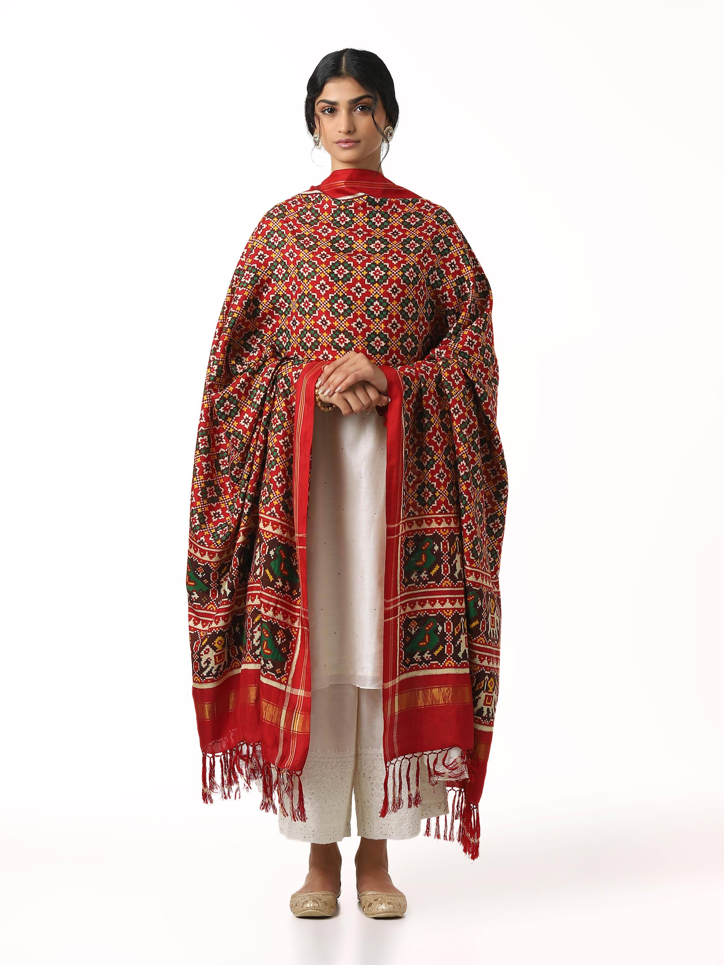 Red Ikat Patan Patola Handwoven Dupatta