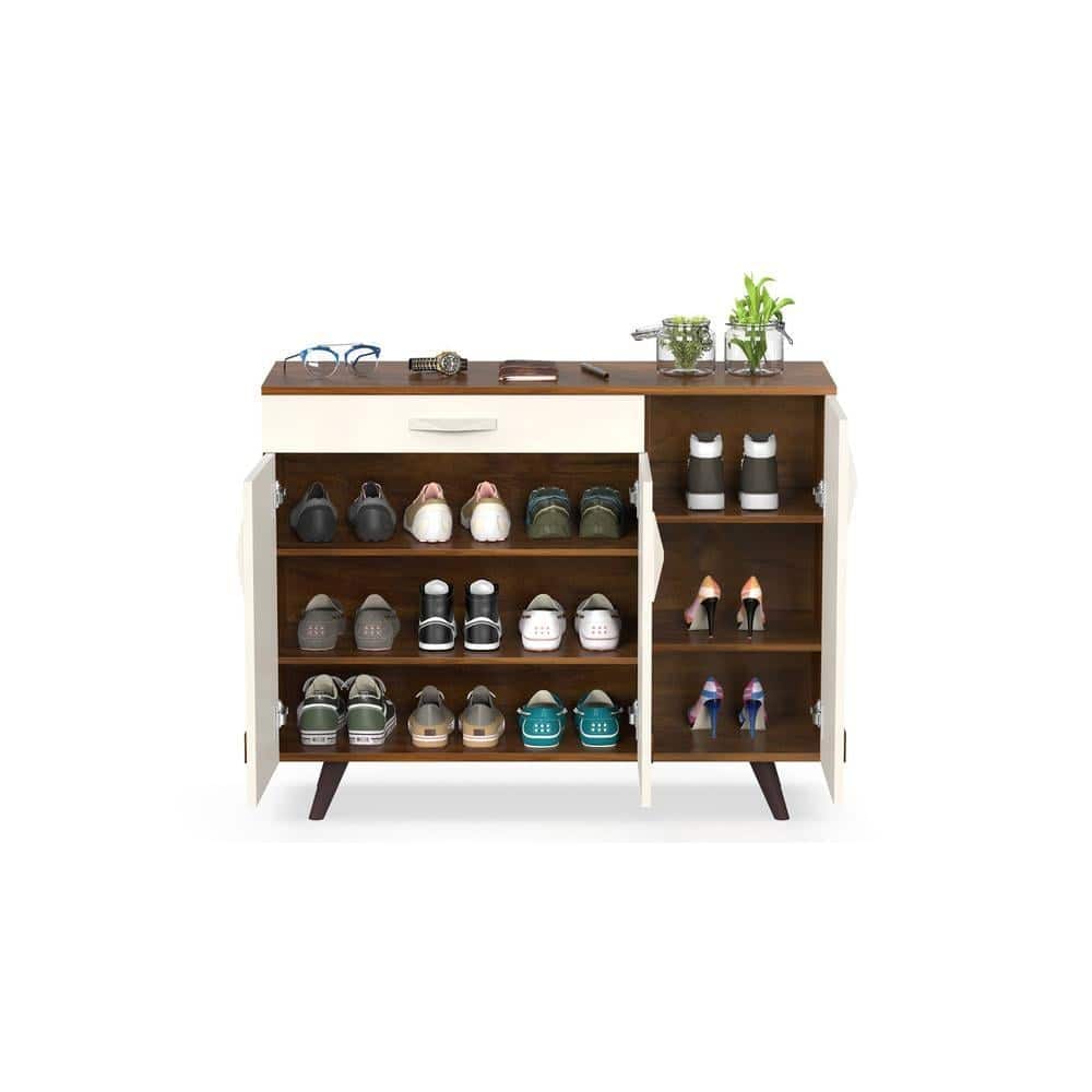 Kaspen Engineered Wood Wood Dual Tone 3 Doors Shoe Rack Cabinet Slipper Footwear Stand Organizer with Drawer can Store Up to 16 Pairs for Home (Brown Maple & Frosty)