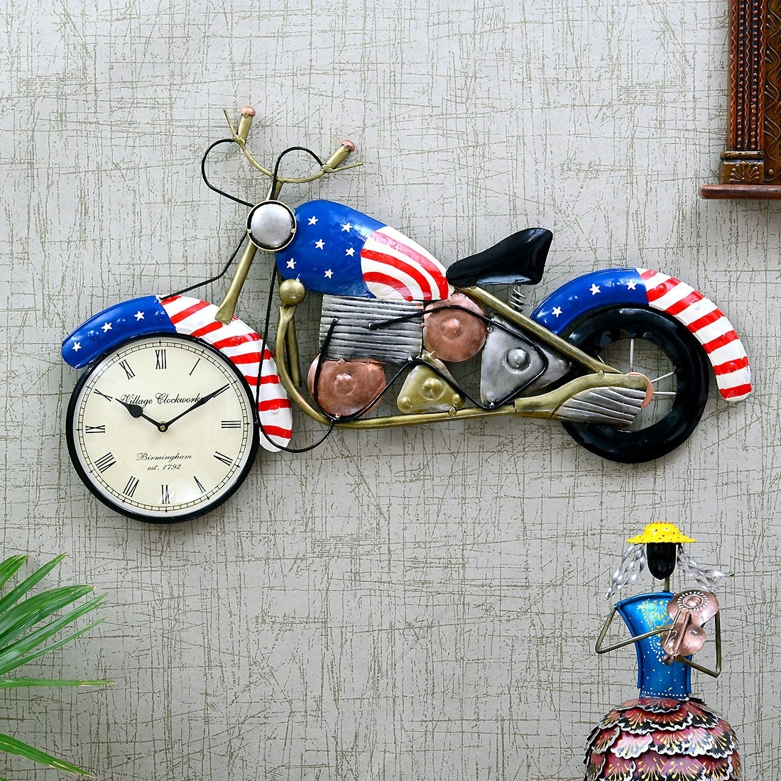 Craft Tree Metal Handpainted Decorative Bike Wall Decorative Showpiece Clock In Multicolor
