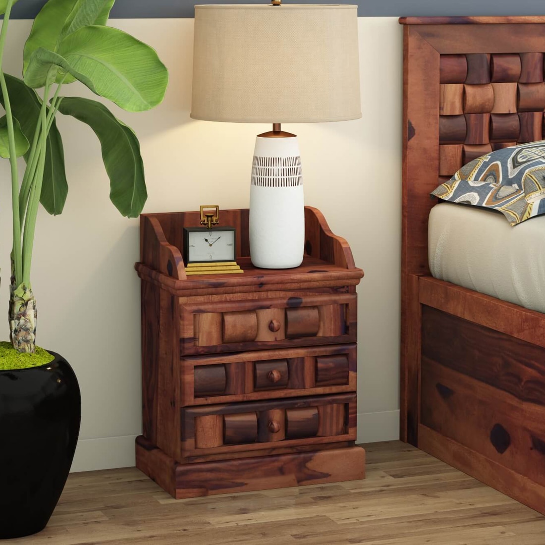 Woodway Solid Wood Bedside Table in Teak Finish - Woodenmood