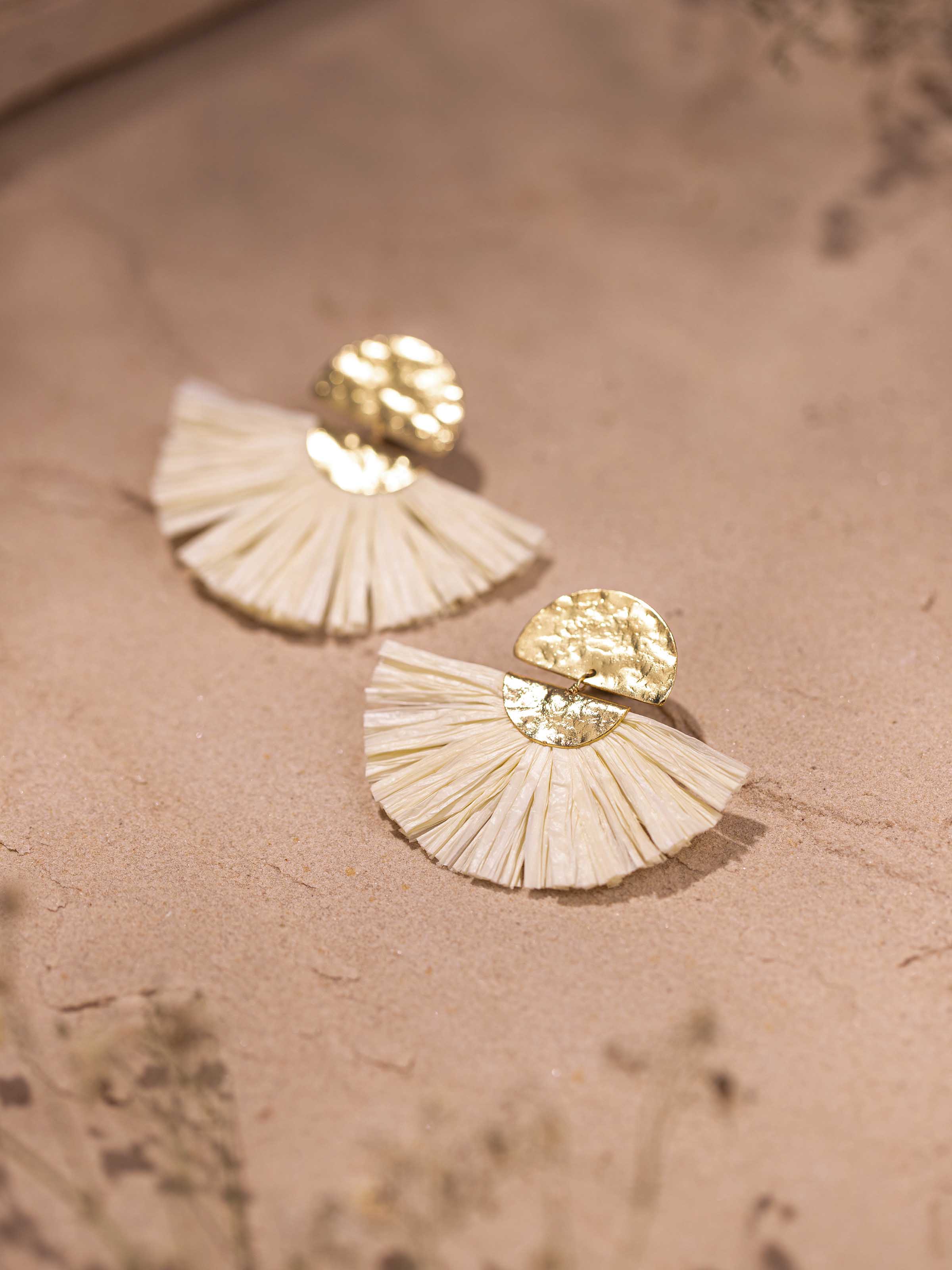 Angled view of Raffia Fibre Drop Earrings showcasing their natural fiber design and unique style.