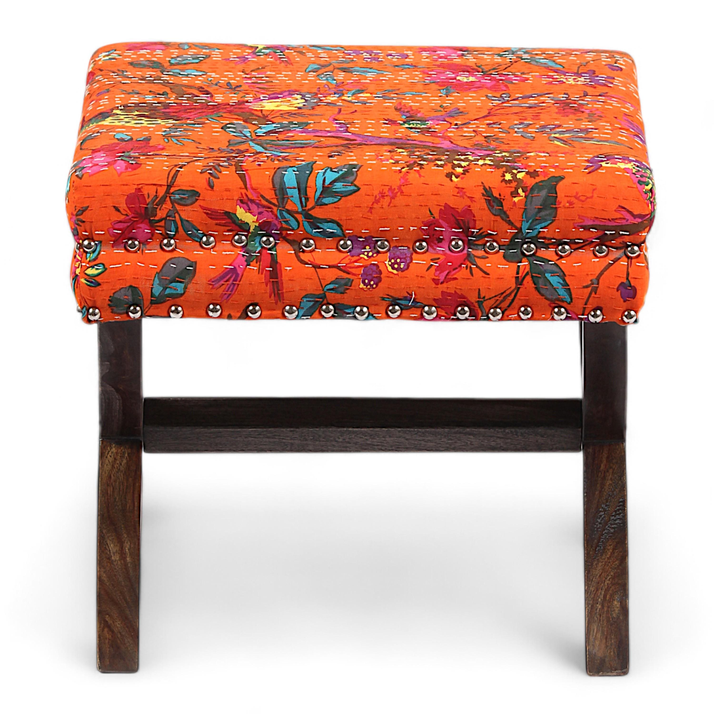Rosslyn Solid Wood Pouf Stool in Bird Print Orange Ethnic Kantha fabric