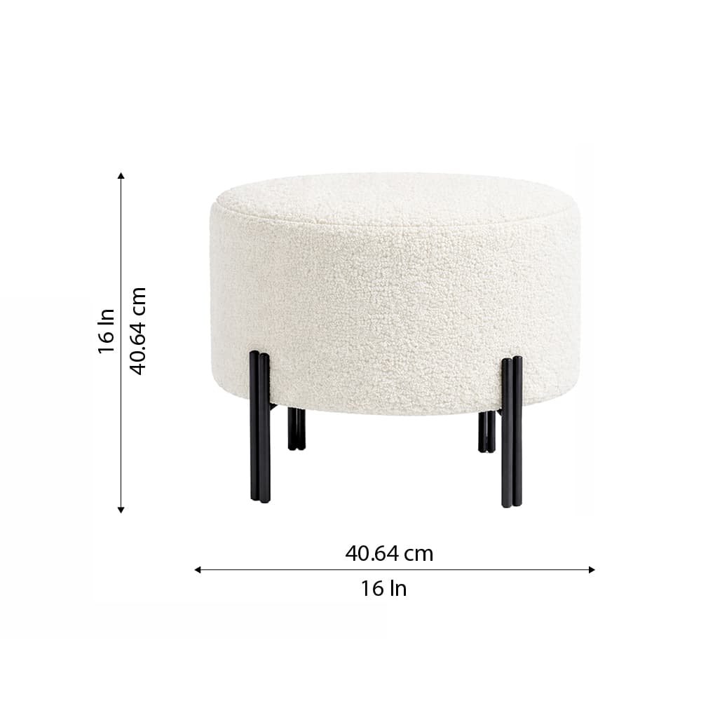 Doe Buck Premium Boucle Round Ottoman in Matte White Colour with Polished Black Legs - Doe Buck