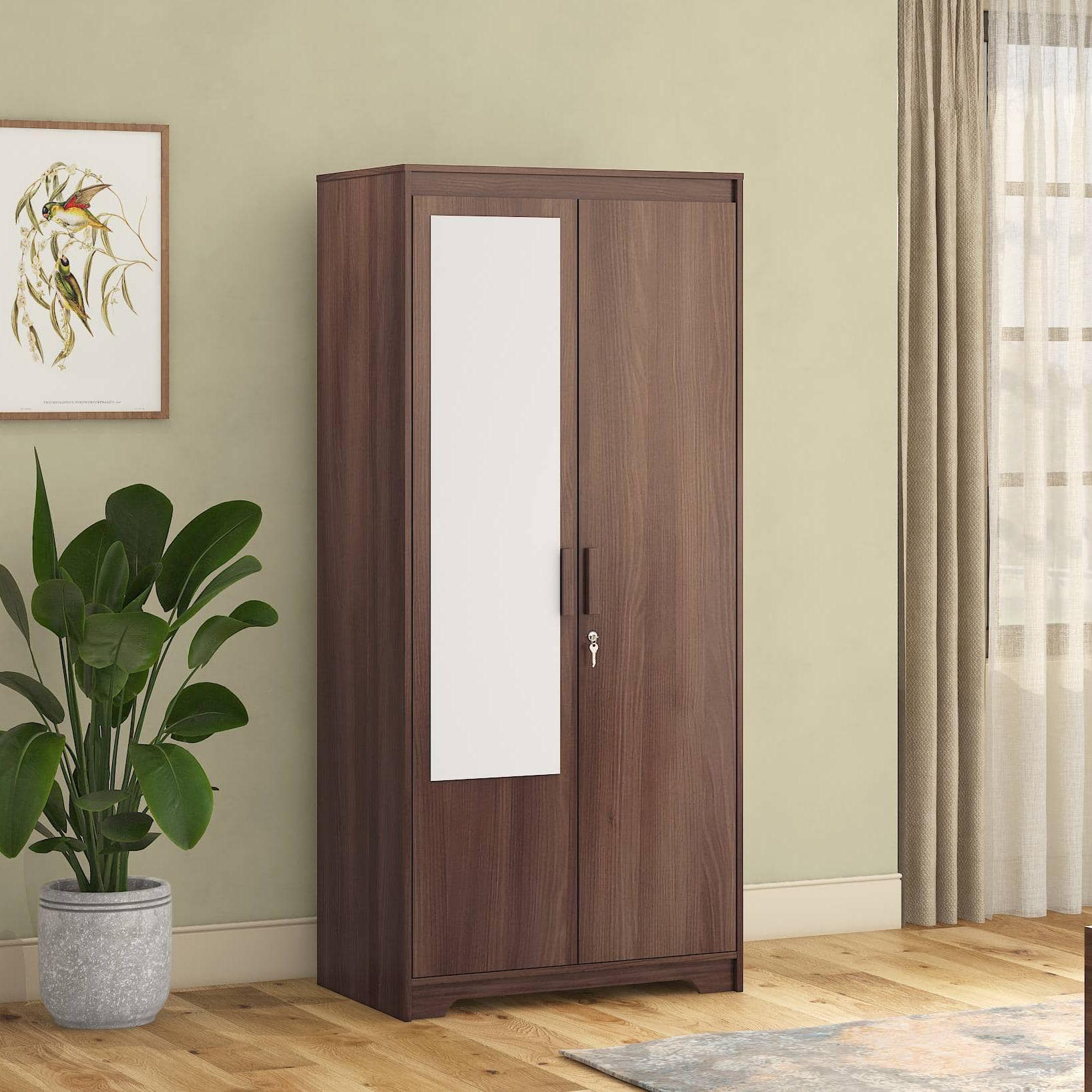 Hilton 2 Door Wardrobe With Mirror and Lock Without Drawer in Chestnut Acacia Finish