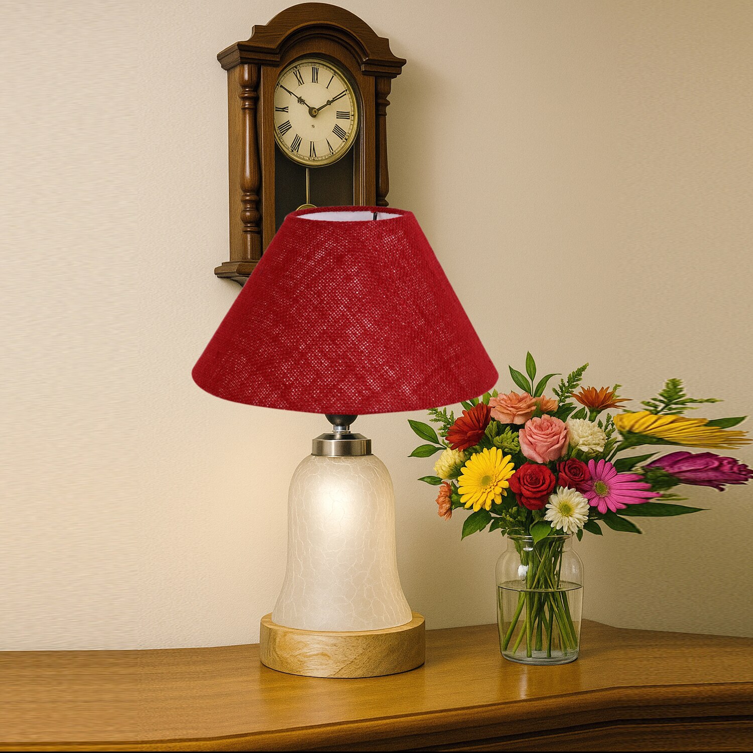 Devansh Conical Maroon Jute Shade Lamp With Wood & Mosaic Glass Base For Decoration/Office/Home/Gifting/Study For Decoration/Office/Home/Gifting/Study -(10X10X14.5) Inches -A