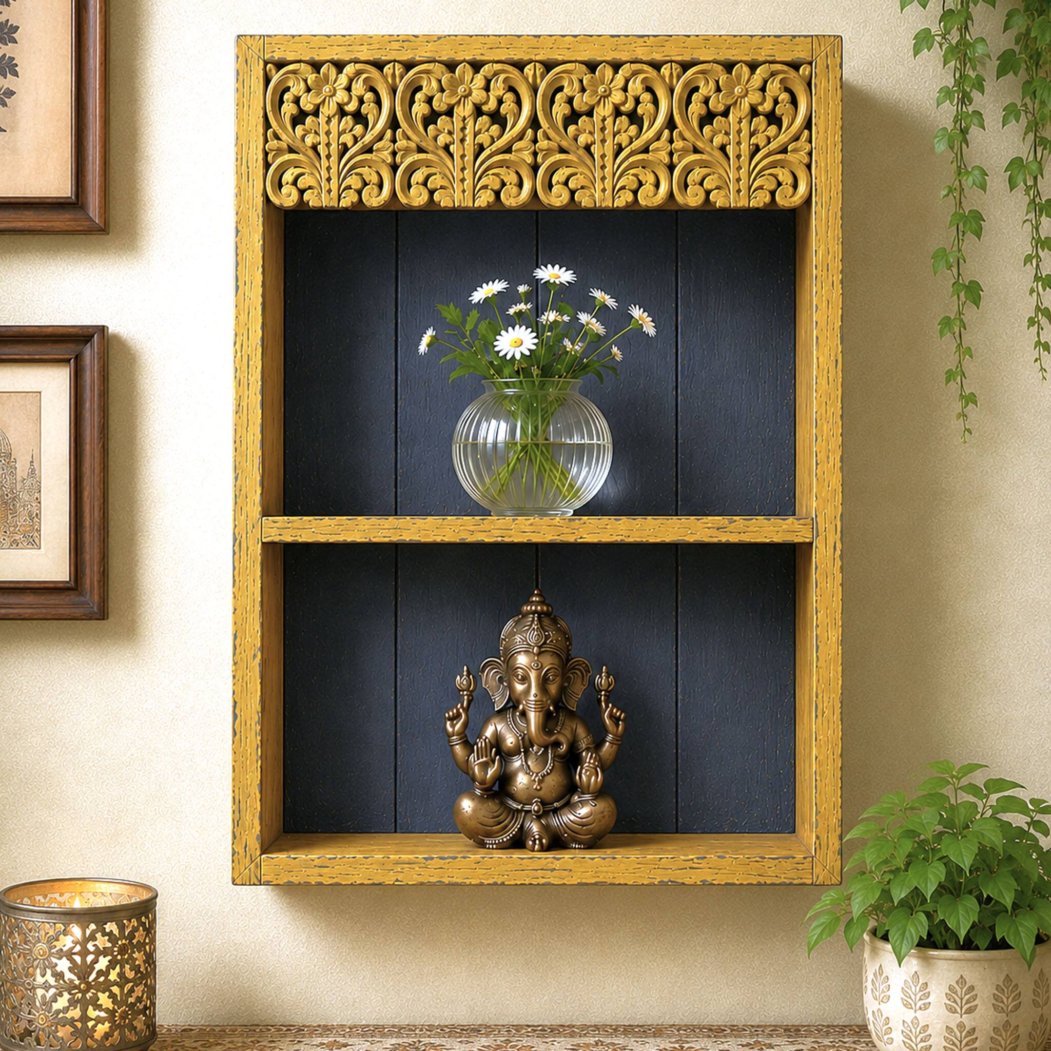 Mustard Colour Solid Wood Handcarved Pitambara Floating Wall Shelf With 2 Compartment by DisooFashions - Disoo Fashions