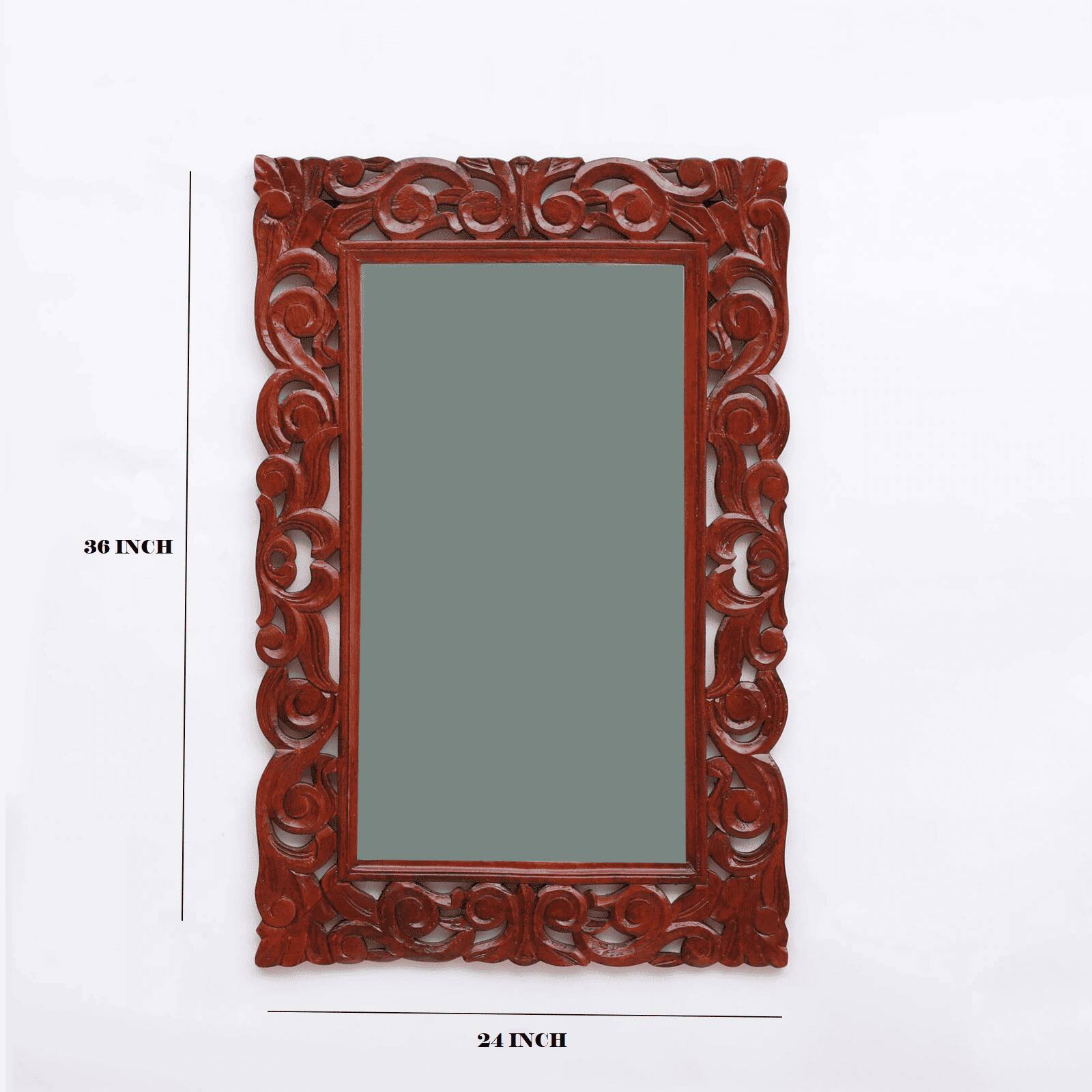 Rizo Mango Wood Teak Finish Carving Wall Mirror