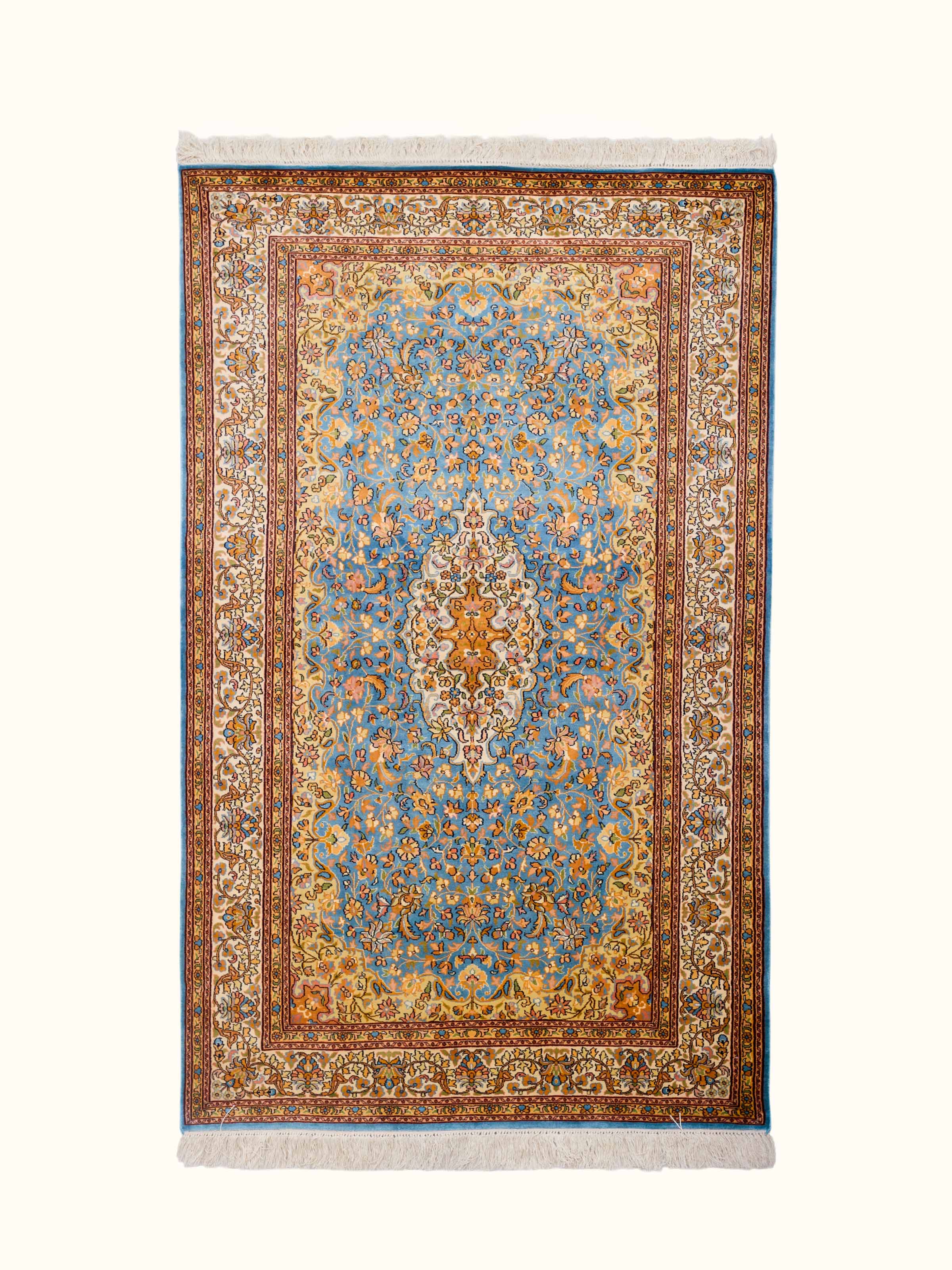 Traditional Persian Blue Tabriz Kashmir Silk Hand-Knotted Carpet