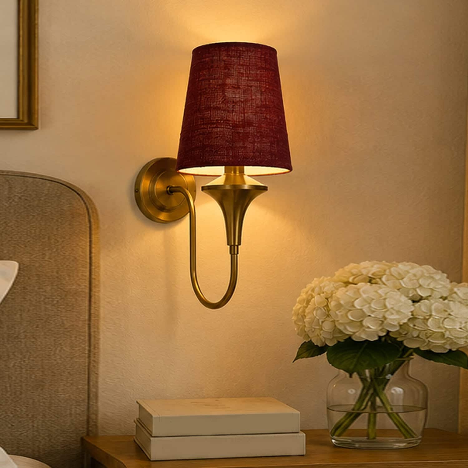 Devansh Metal Electric Wall Light in Antique Gold Colour with Maroon Shade Count of 1 Light