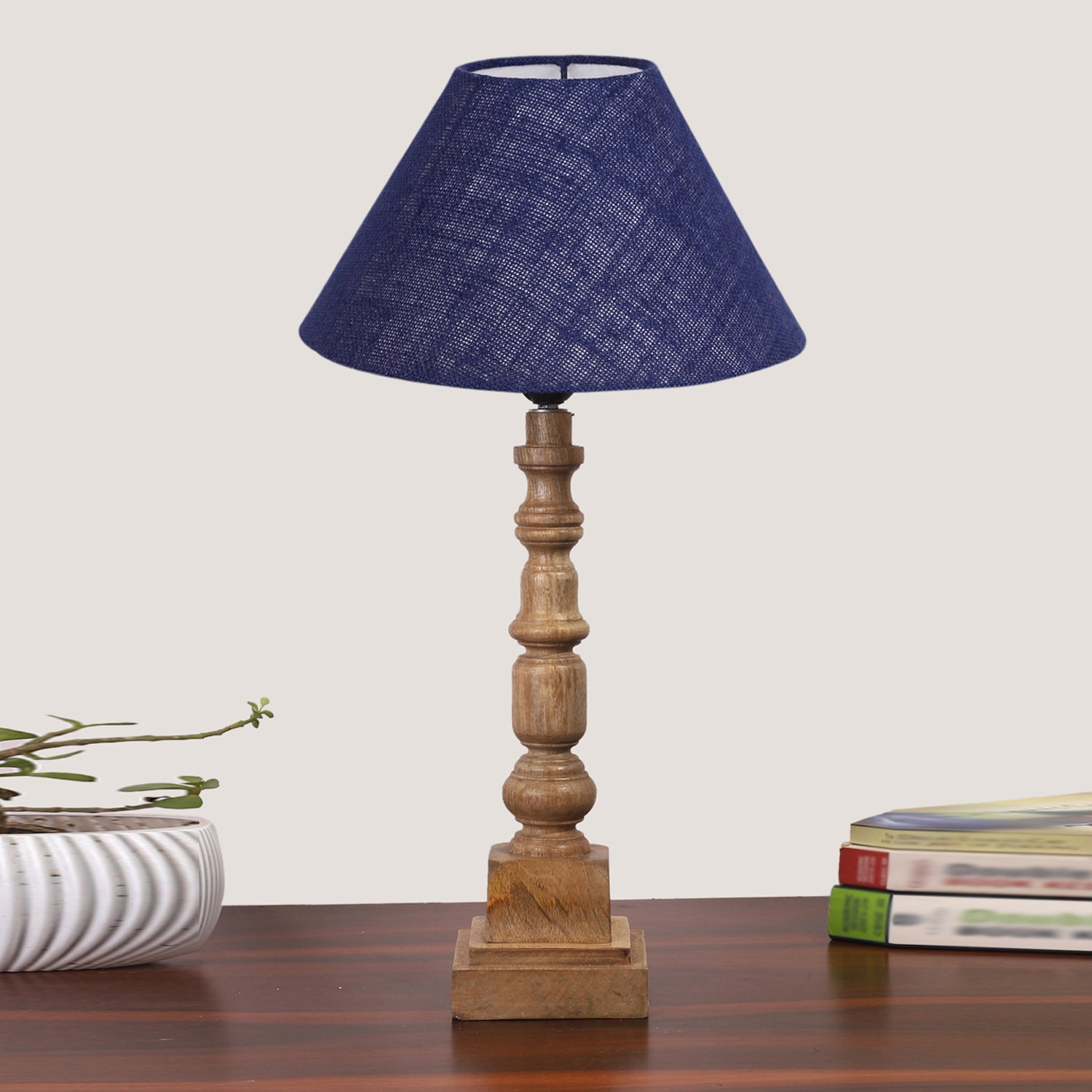 Devansh Blue Jute Table Lamp With Wood Natural Base (10X10X21 Inches)-37