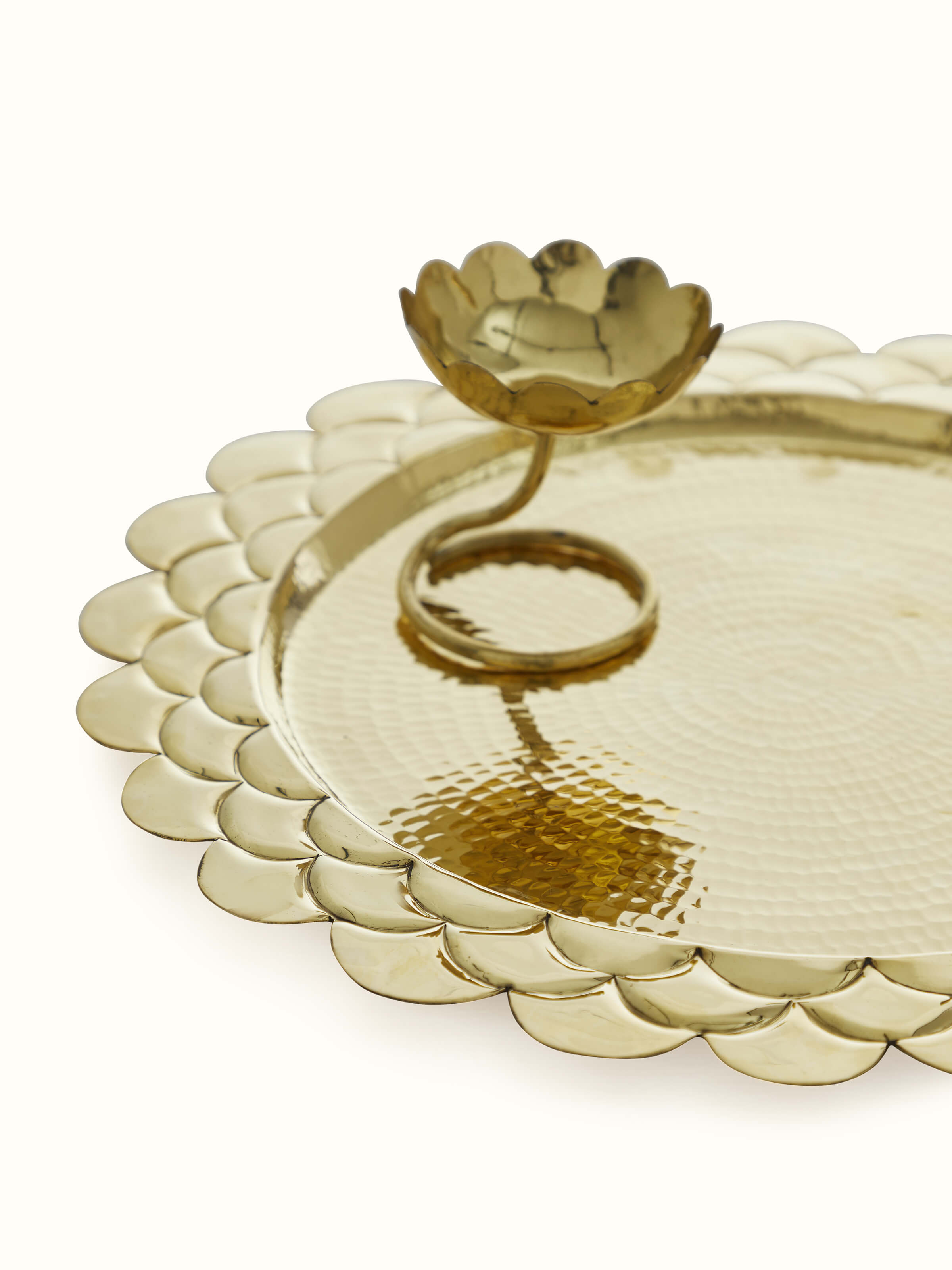 Detailed view of Polished Brass Pooja Thali Set (3 Pcs) highlighting fine carving and polished texture.