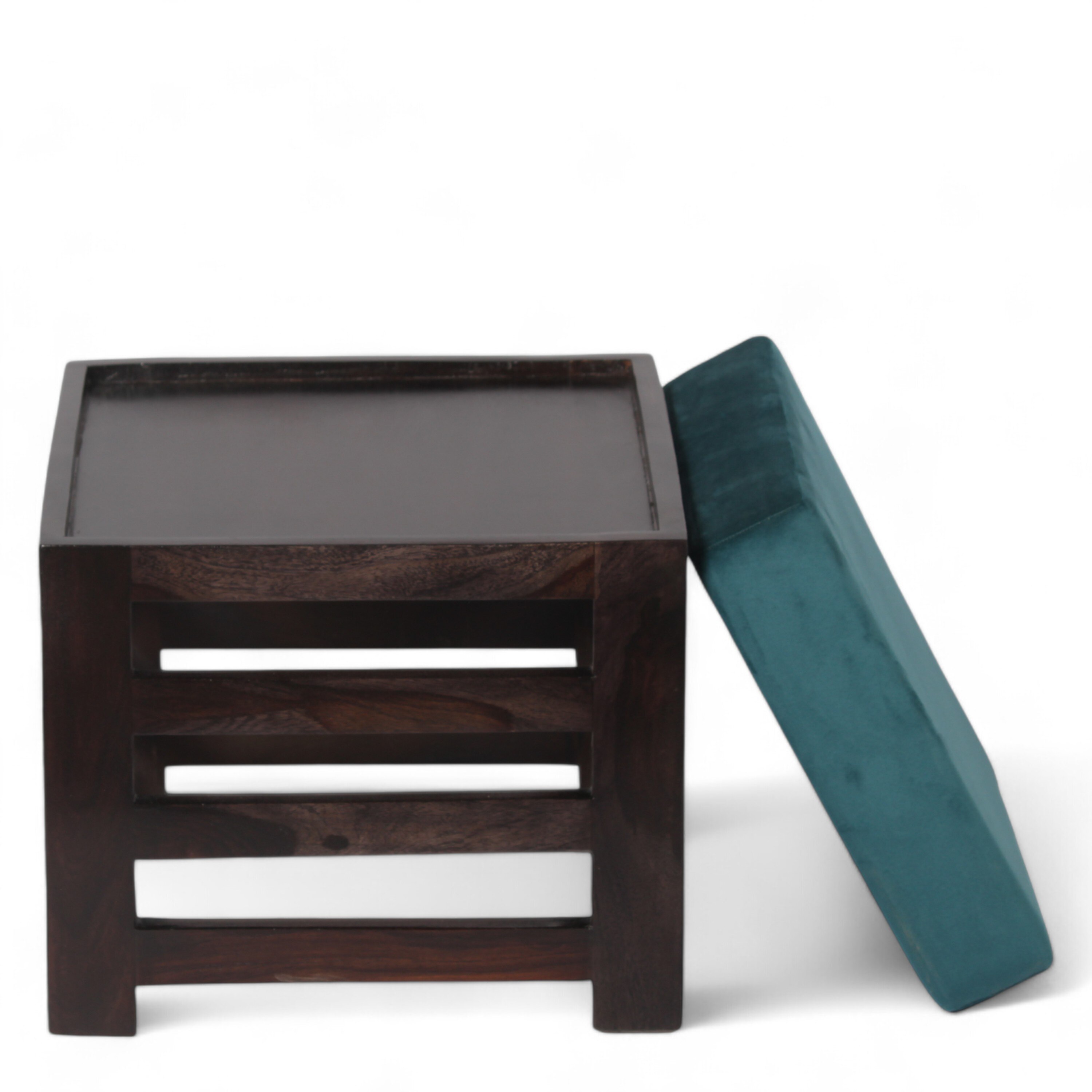 Houston Sheesham Wood Stool in Mahogany Finish & Turquoise Sea Velvet Cushion