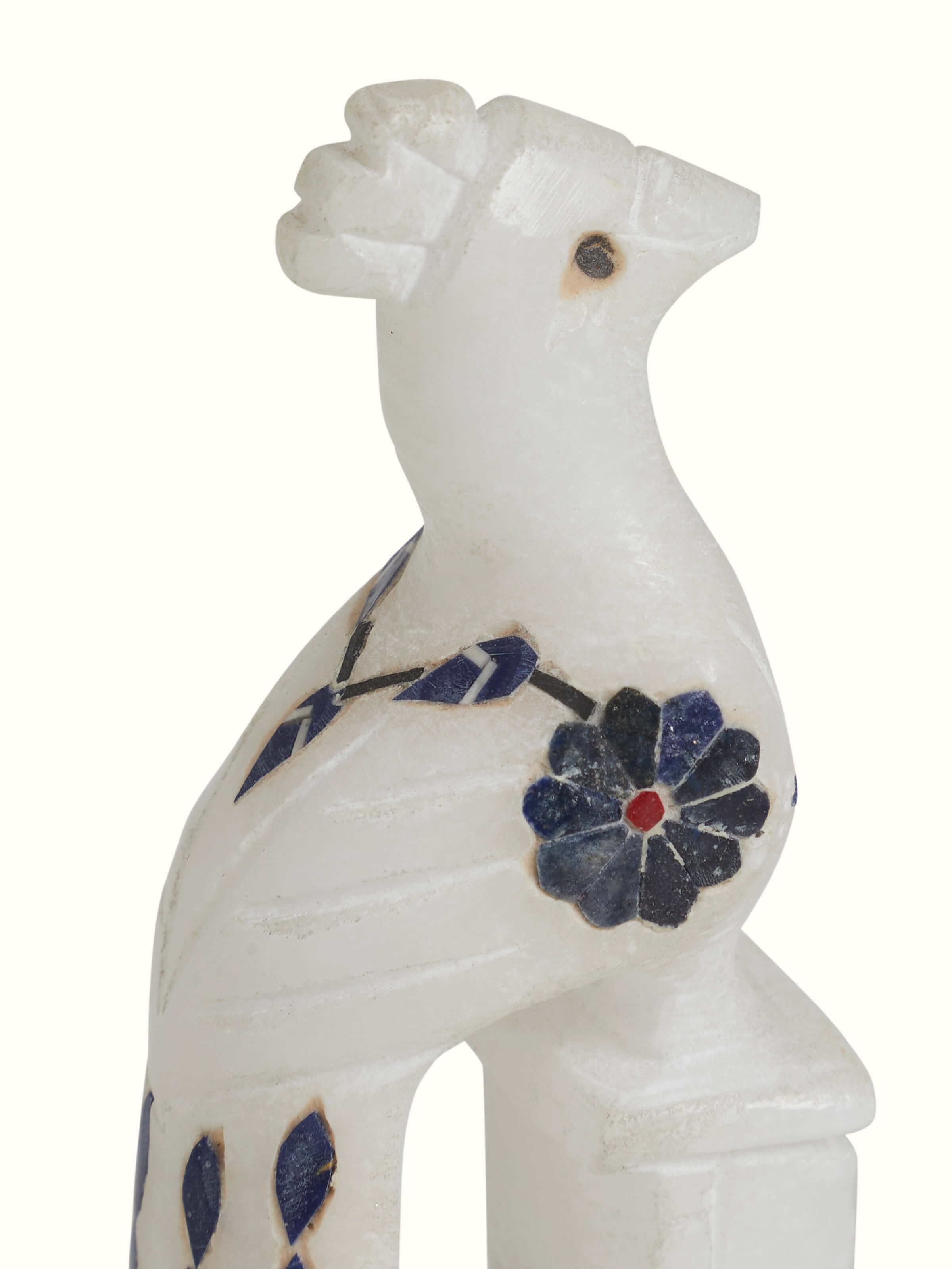 Close-up detail of Pacchikari marble peacock showing stone inlay craftsmanship