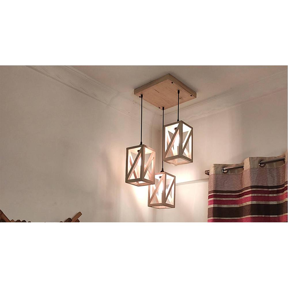 Symmetric Beige Solid Wood Cluster Hanging Light