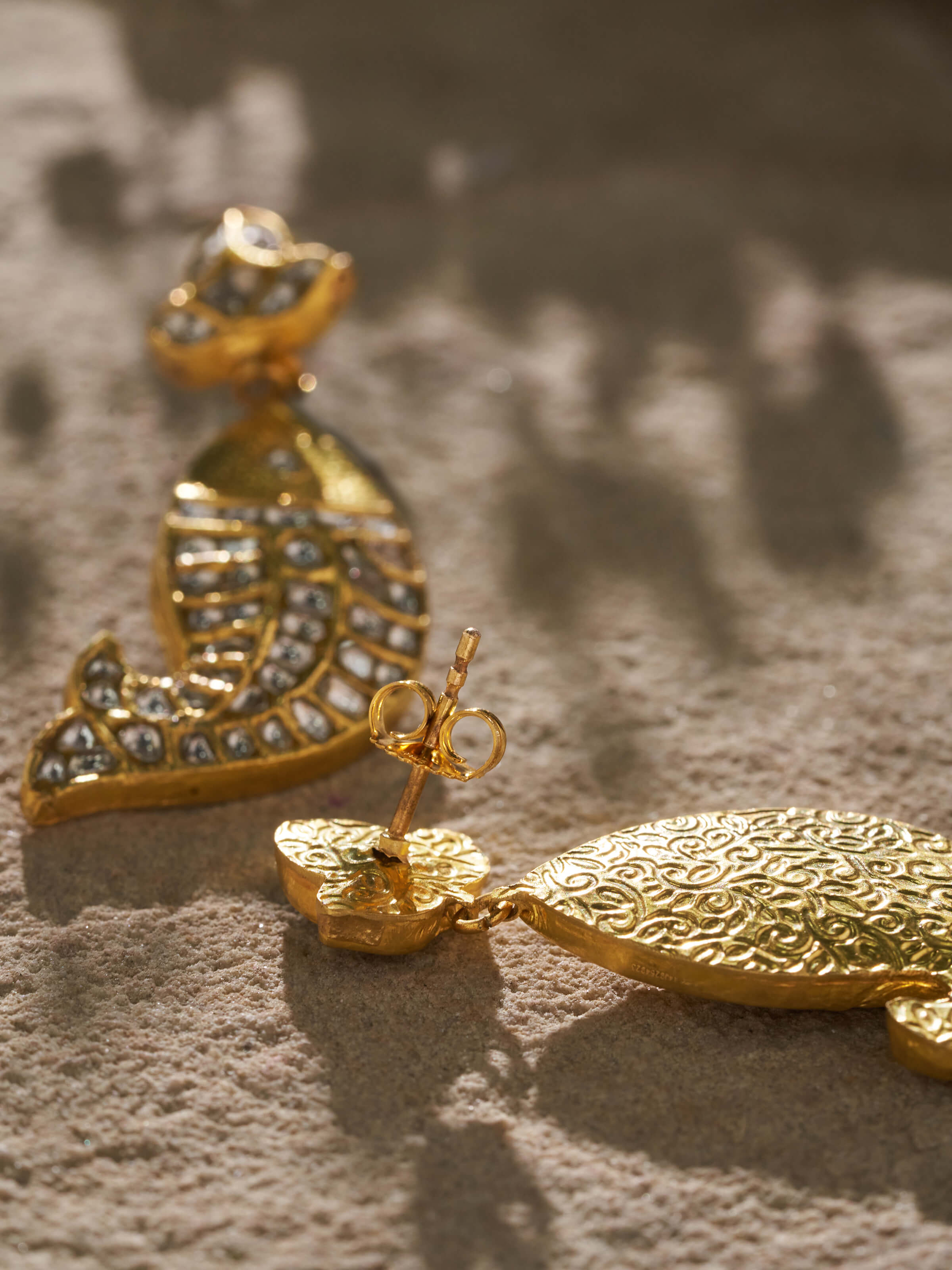 Detailed close-up of Thappa 22 Karat Gold Drop Earrings revealing the fine gold detailing and craftsmanship.