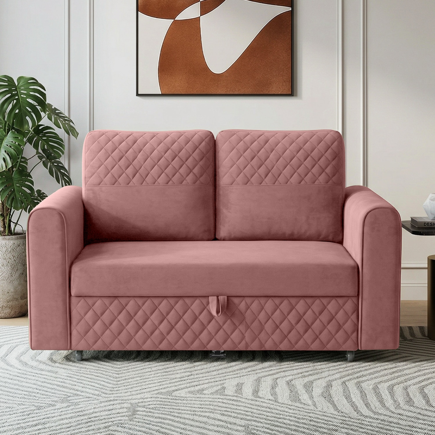 Baruna 2 Seater Velvet Pull Out Sofa Cum Bed with Storage In Peach Color