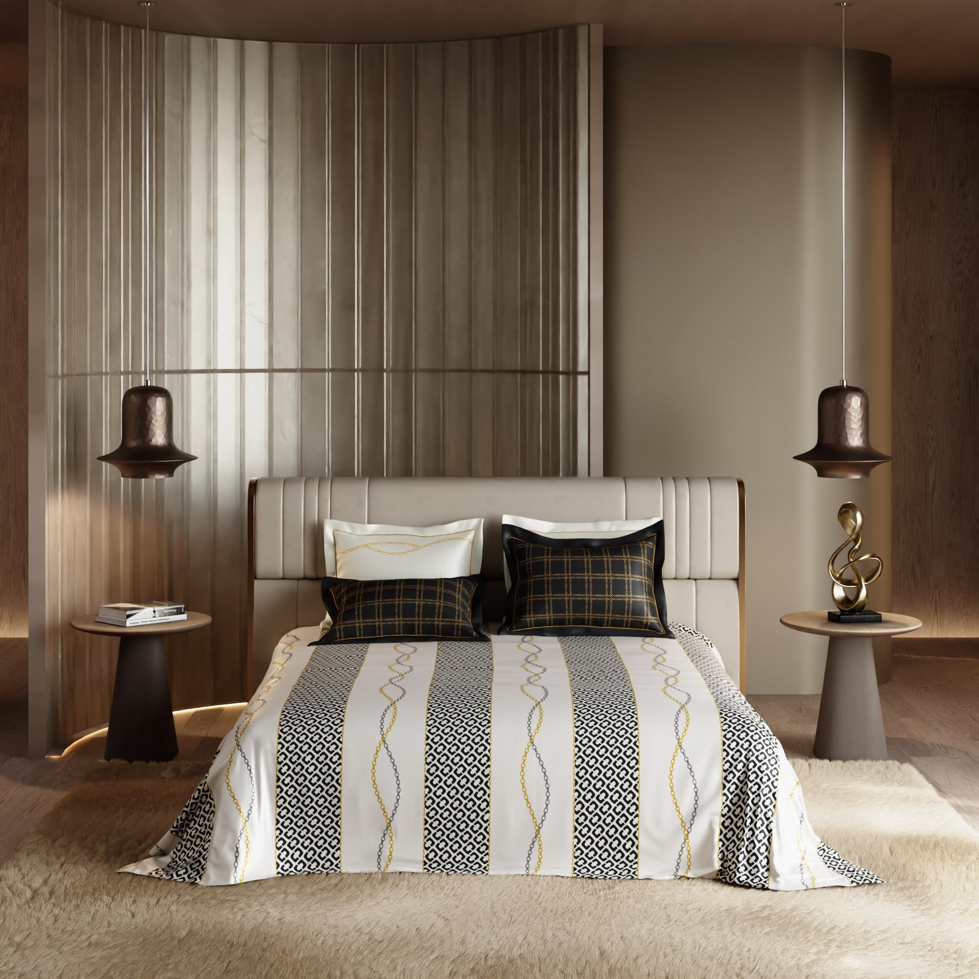 Stoa Paris Super King 5PC Satin Bedding Set  5PC Ivory White-Deep Black - Stoa Paris