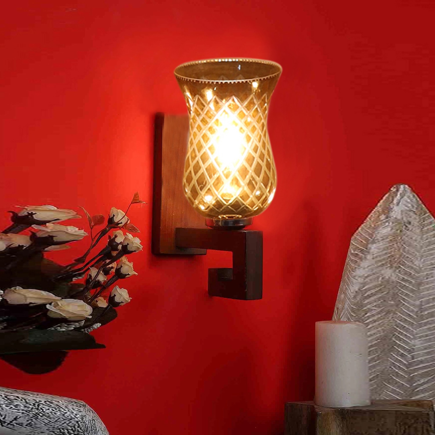 Devansh Solid Wood Electric Wall Light in Brown Colour with Lavender Shade Count of 1 Light - Devansh