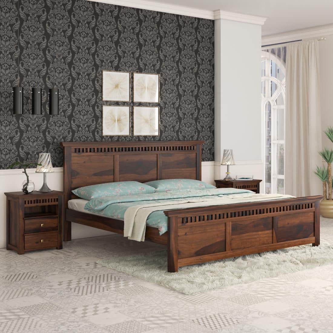 Madhvi Solid Wood King Size Bed Without Storage Bed In Provincial Teak Finish