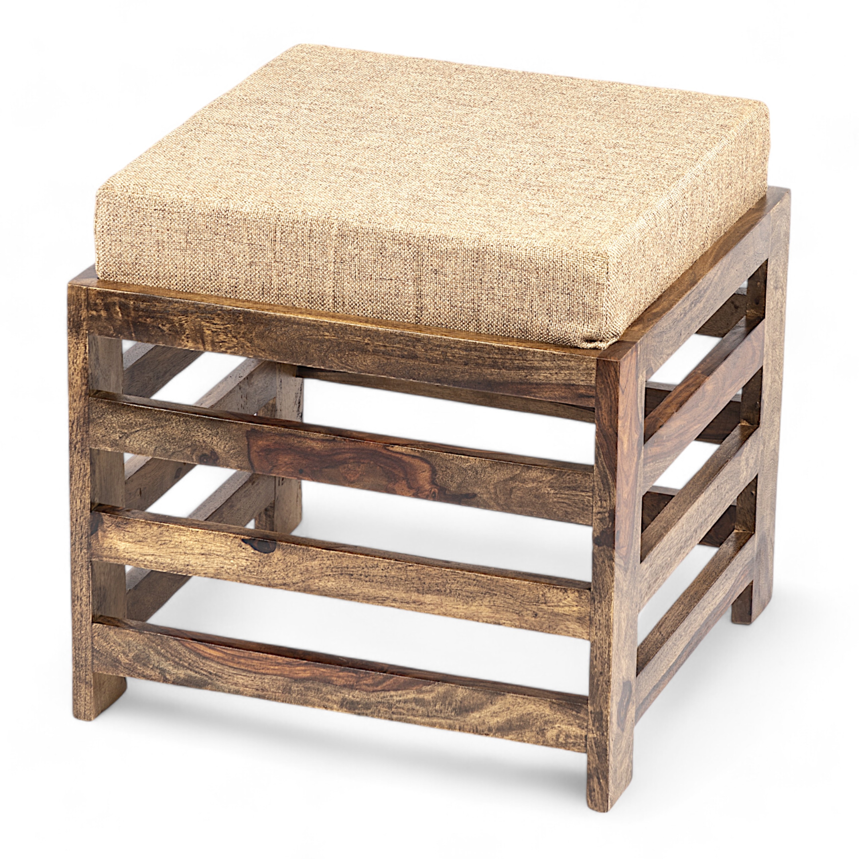 Houston Sheesham Wood Stool in Teak Finish with Jute Beige Cushion