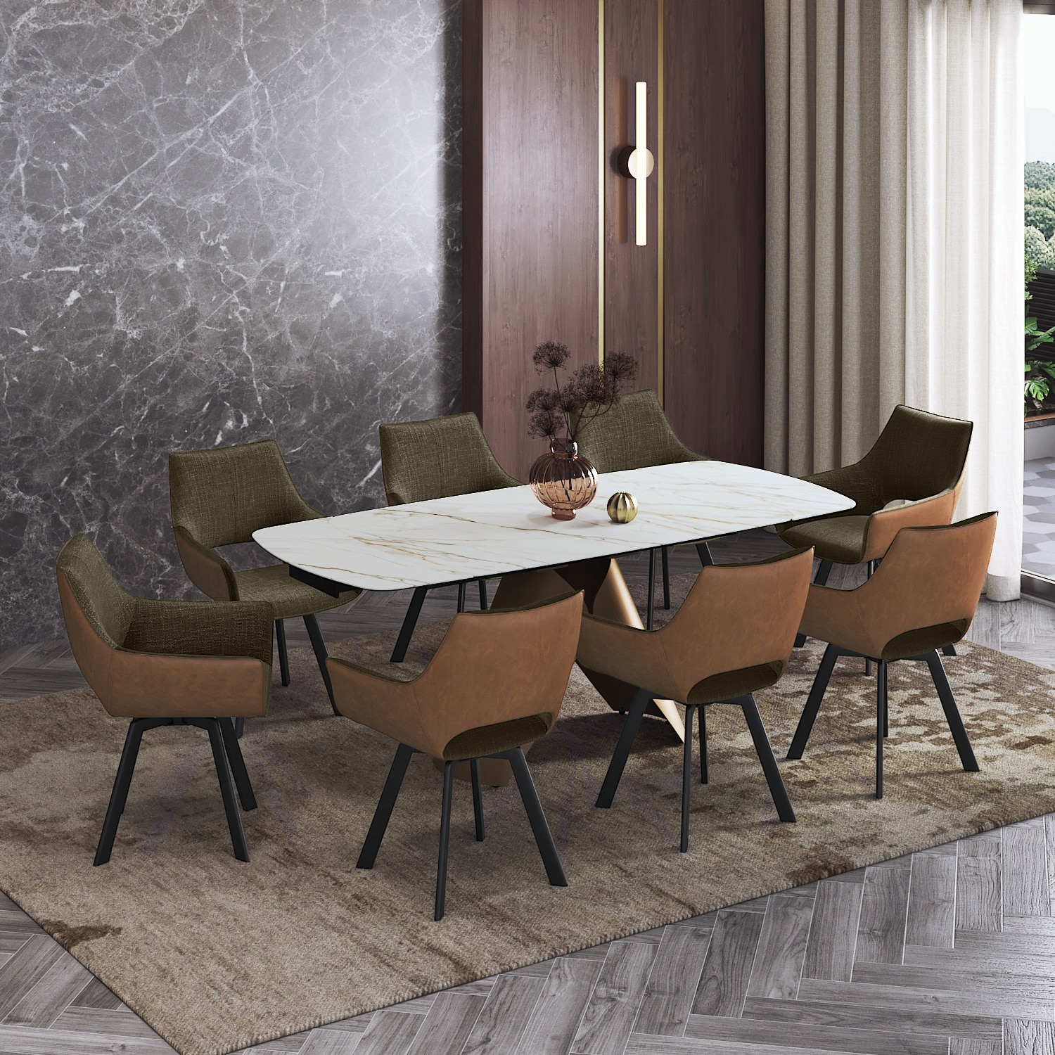 Aeris 6 To 8 Seater Extendable Dining With 6 Casey  Chairs (Finish : Gilded White, Chair Colour : Olive & Tan Colour)