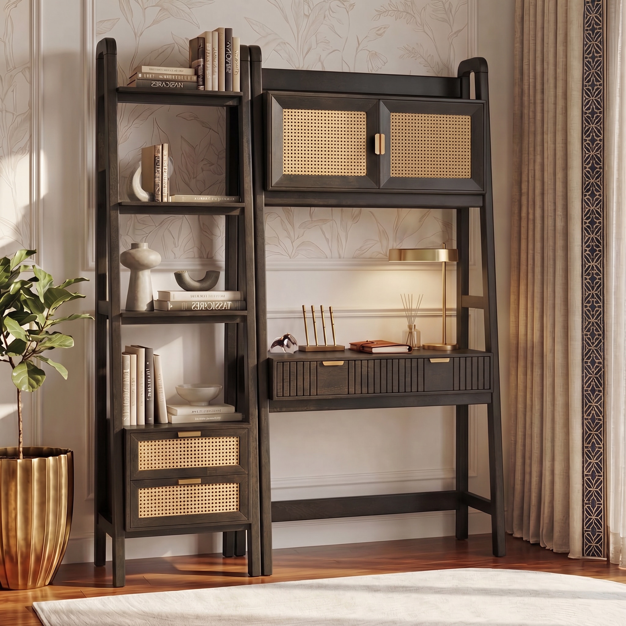 Strava Solid Wood and Cane Study and bookshelf with in Dark chestnut Finish