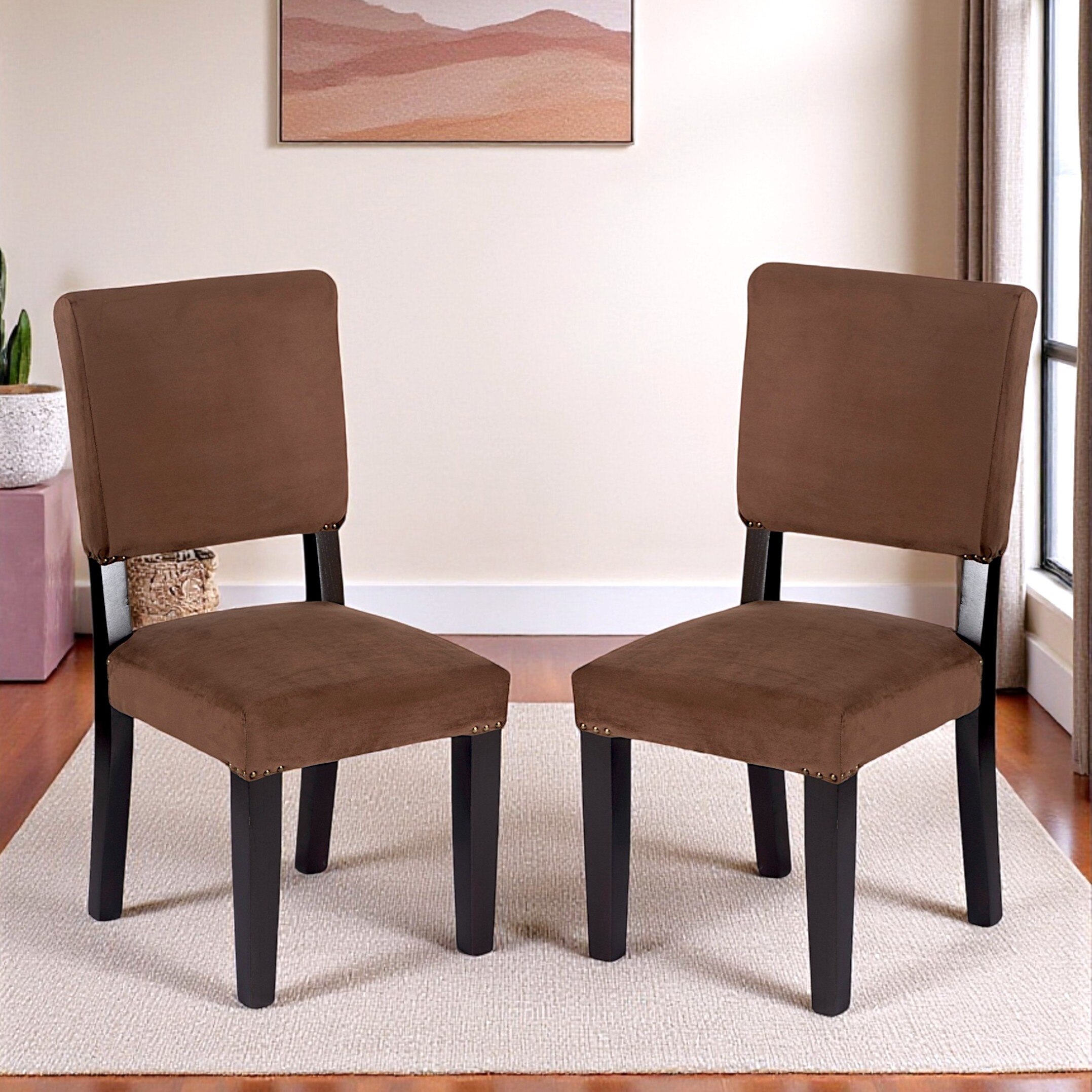 Newport wood Set of 2 Dining Chairs in Taupe Brown Velvet Upholstery with MAHAGONY FINISH