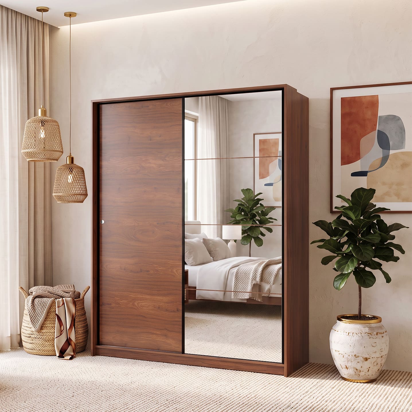 Loretta Engineered Wood 2 Sliding Door Wardrobe in Wheat Brown Walnut Finish