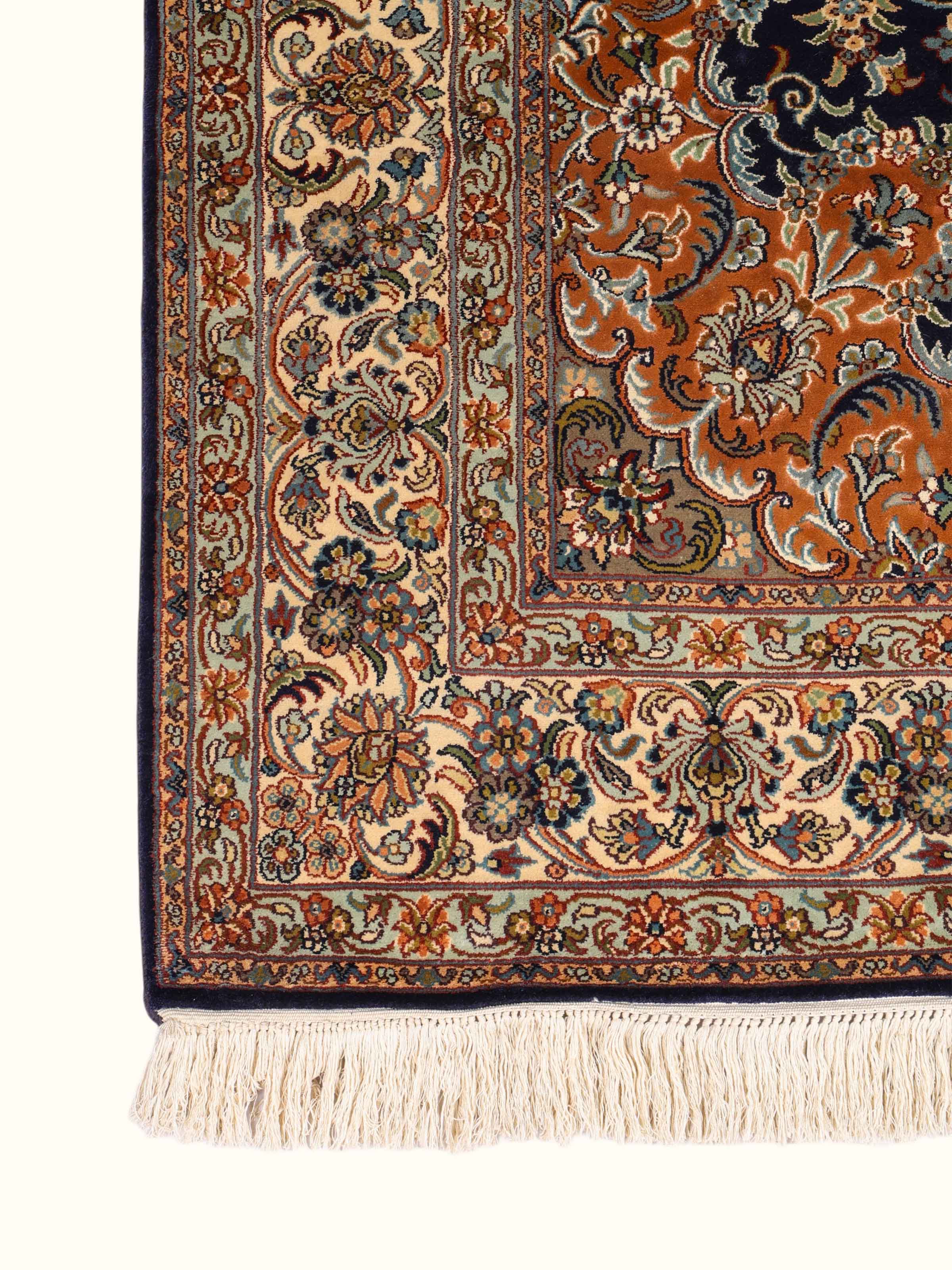 Traditional Persian Navy Rust Kashan Kashmir Silk Hand-Knotted Carpet