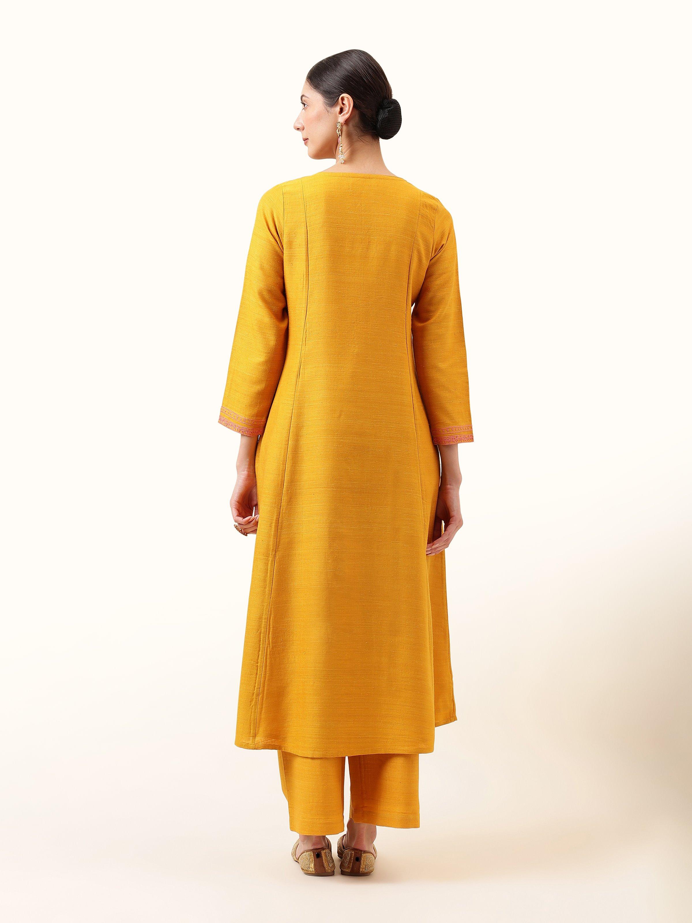 Mustard Silk Crewel Embroidered A-Line Kurta