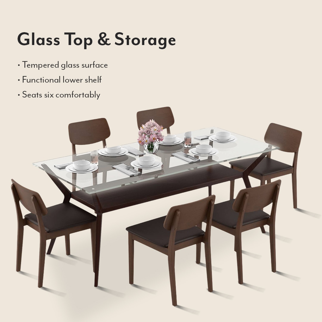 Wesley - Lawson 6 Seater Dining Table Set (Colour- Dark Brown , Finish- Dark Walnut)