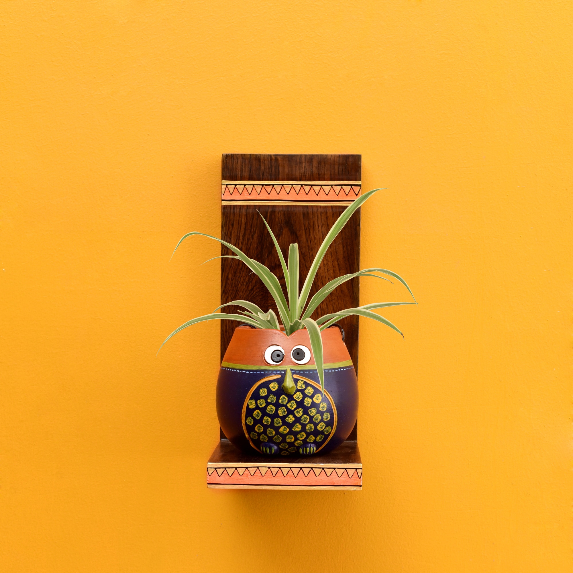 Hooting Owl Wall Decor Shelf with Earthen Planter - Aakriti Art Creations