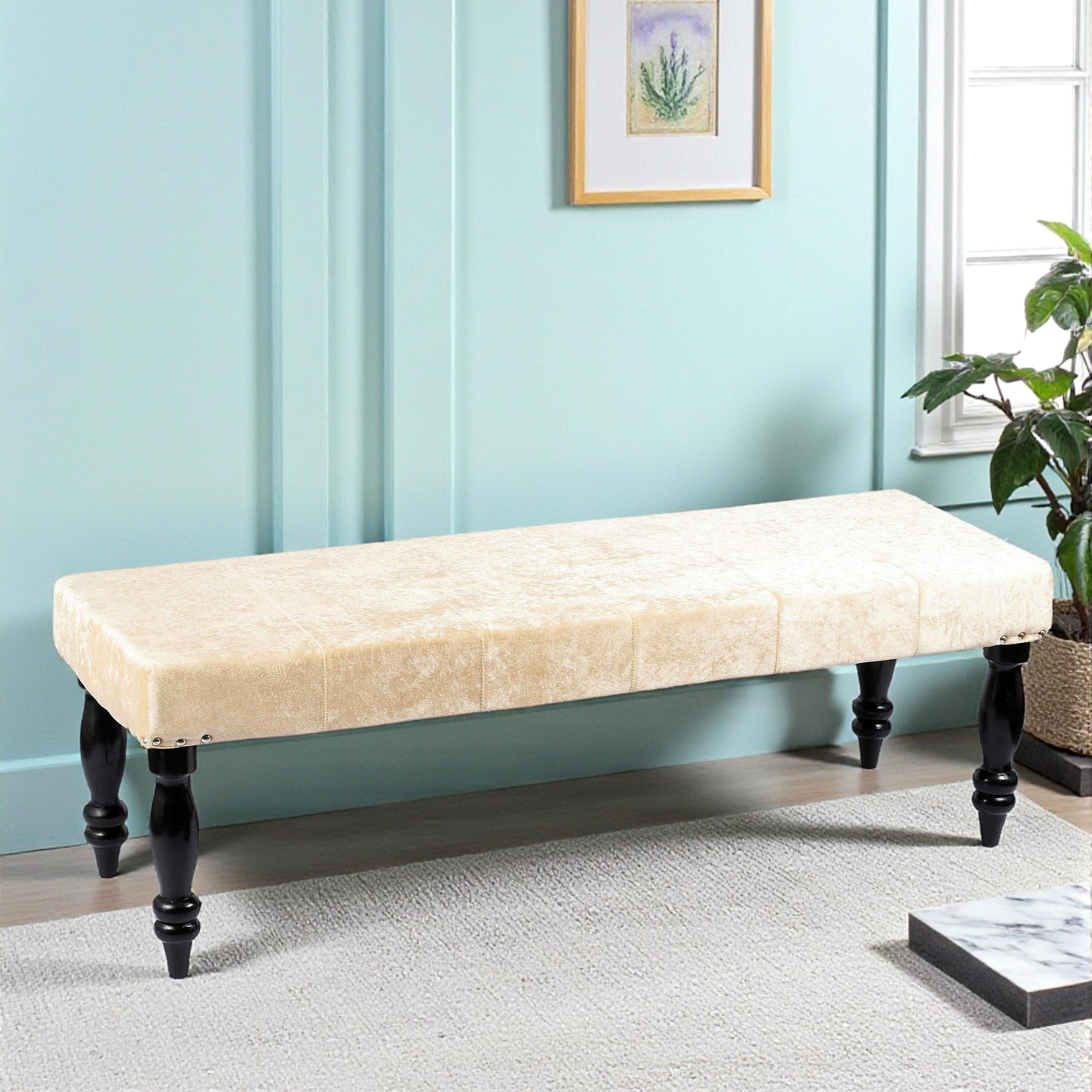 Cairo Sheesham Wood Accent 3 Seater Bench In Beige Sparkle Velvet