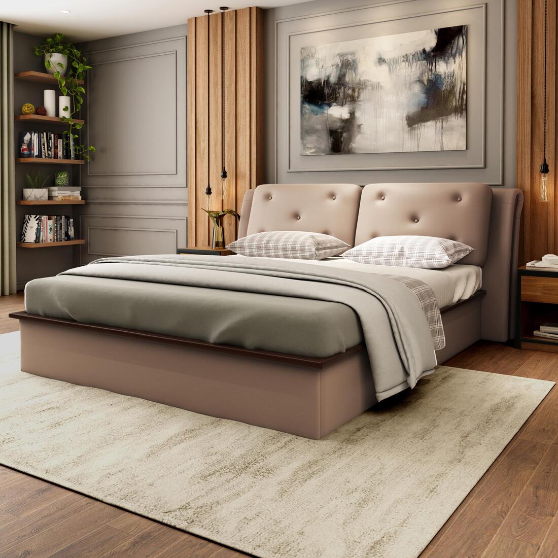 Cambert Premium Leatherette King  Size Bed With Hydraulic Storage (Mushroom Brown Colour)