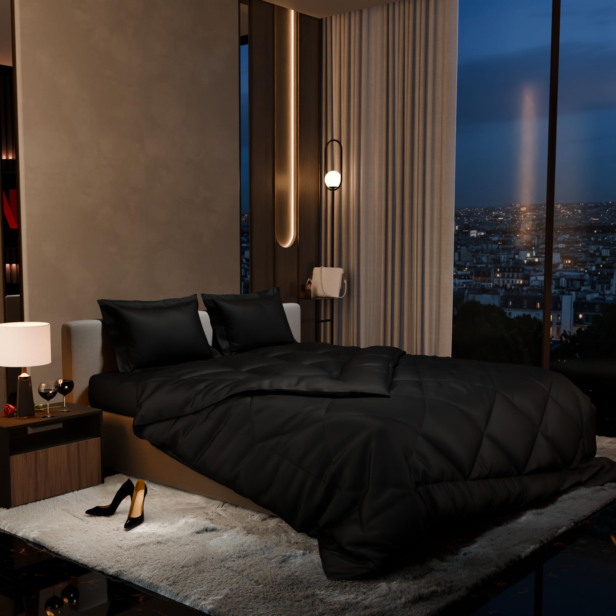 Stoa Paris Comforter Set Double Bed, 300TC Satin Double Bed Comforters in Midnight Black - Stoa Paris