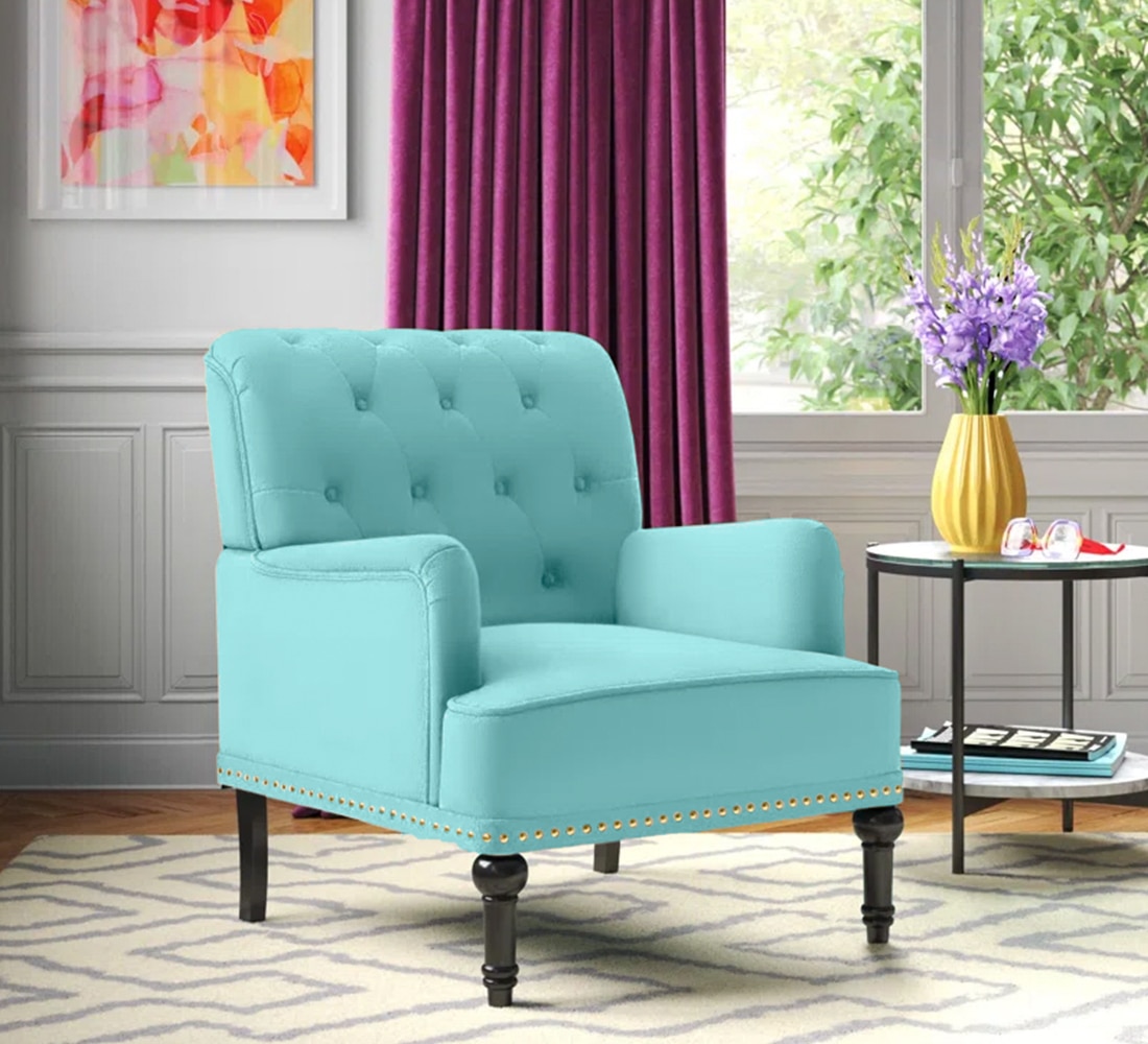 Velora Tufted Back Fabric Lounge Chair in Sea Green - KURSIWALLAH
