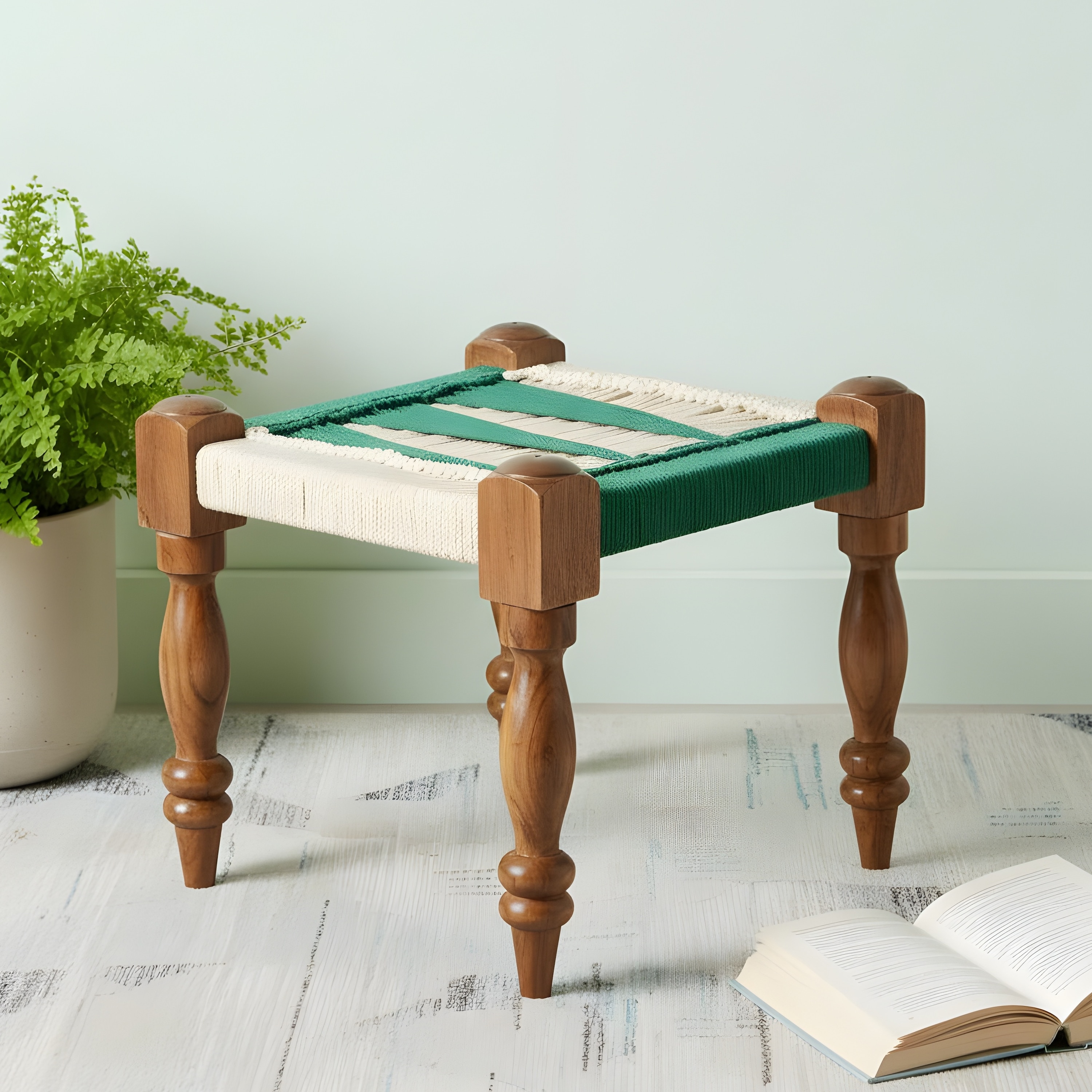 Riaza Sheesham Wood Maachi Stool in Green & White Rope Canning - Ikiriya