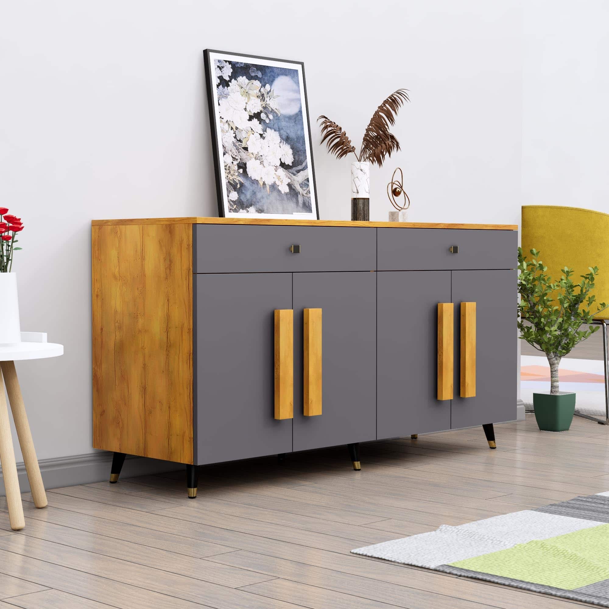 Hexa Red Multipurpose Storage Cabinet With 2 Drawer 4 Door in Giant Wood And Slate Grey Colour - HexaRed