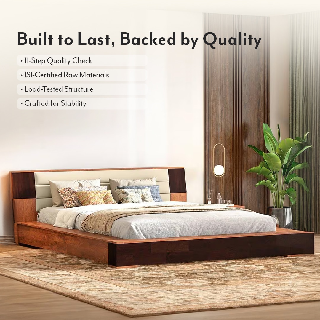 Mahe Solid Wood Queen Size Bed In Dual Tone With Ancient Ivory Leatherette