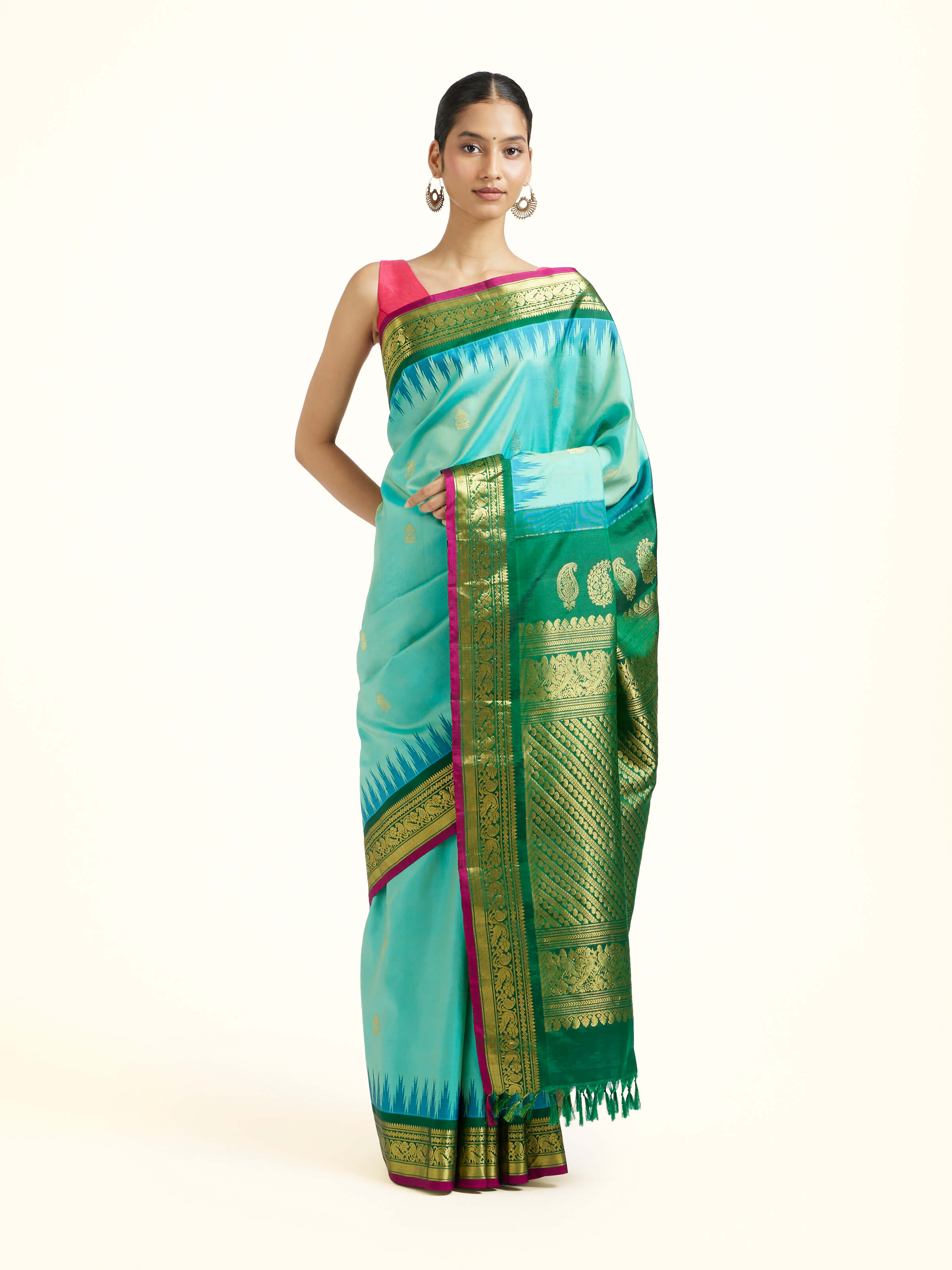 Turquoise Mulberry Silk Gadwal Handloom Zari Saree