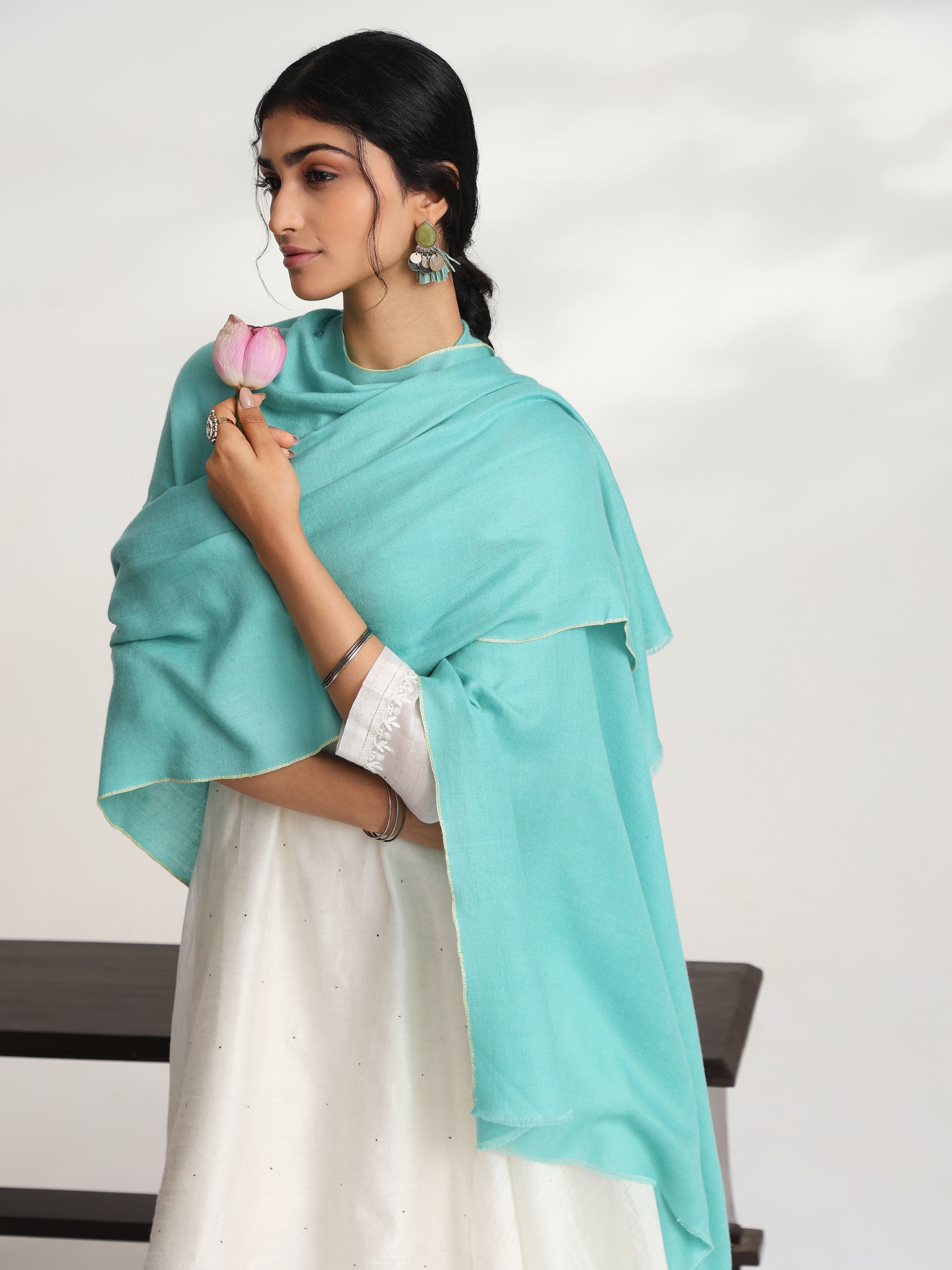Teal Cashmere Kaaj Embroidered Handwoven Stole