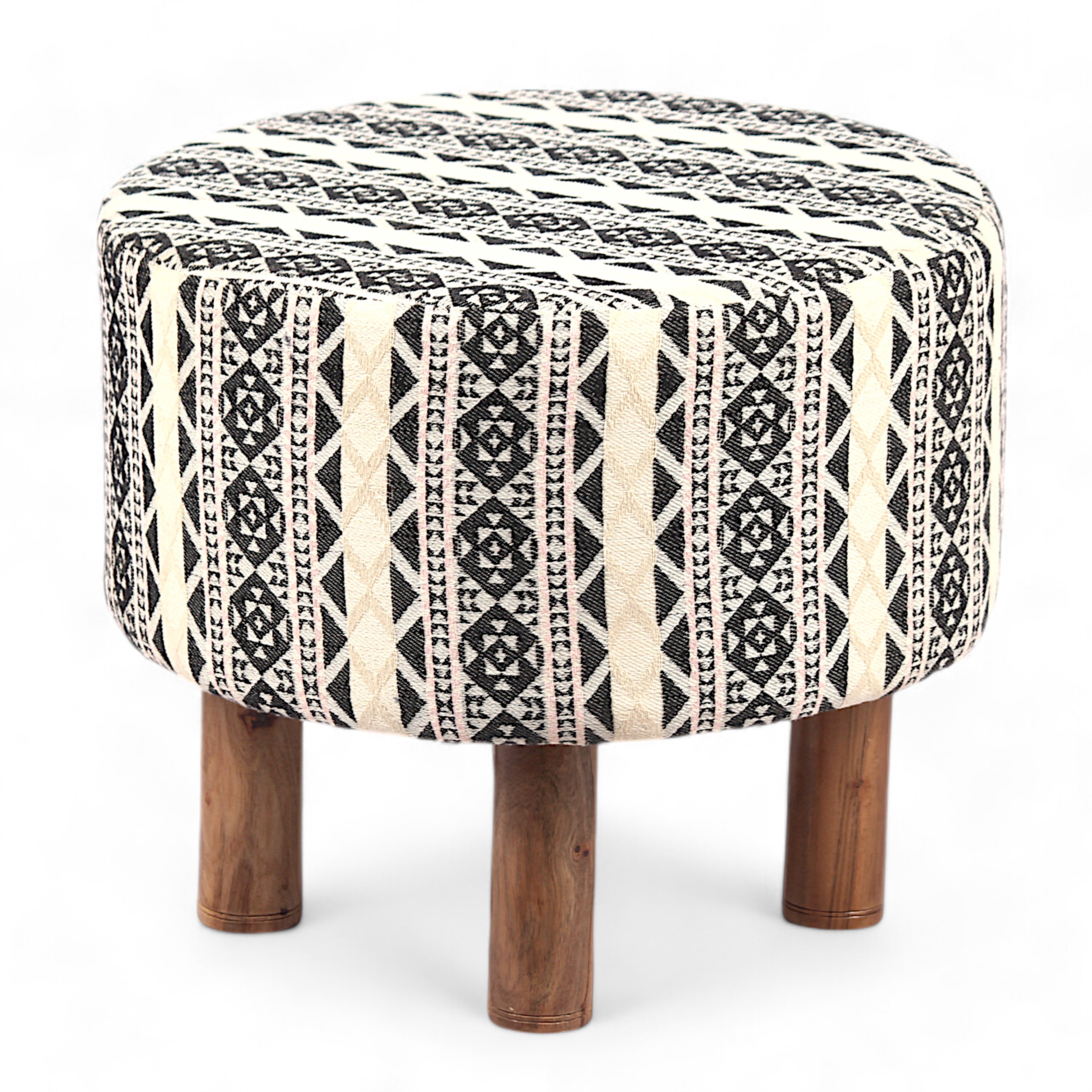 Collio Solid Wood Ottoman Pouffee in Stripe Beige Jackard fabric