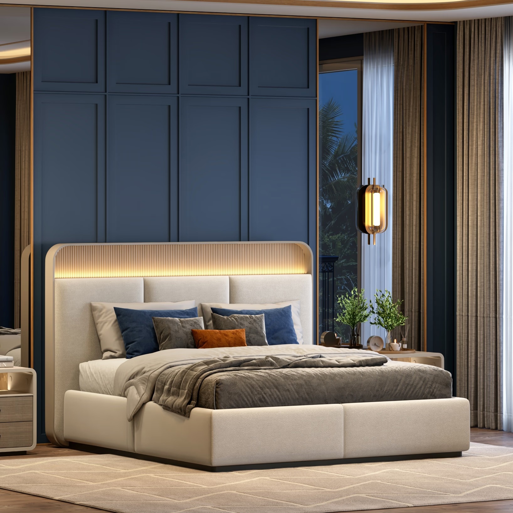 Valeria Upholstered Hydraulic Storage King Bed with 1 Bedside Table