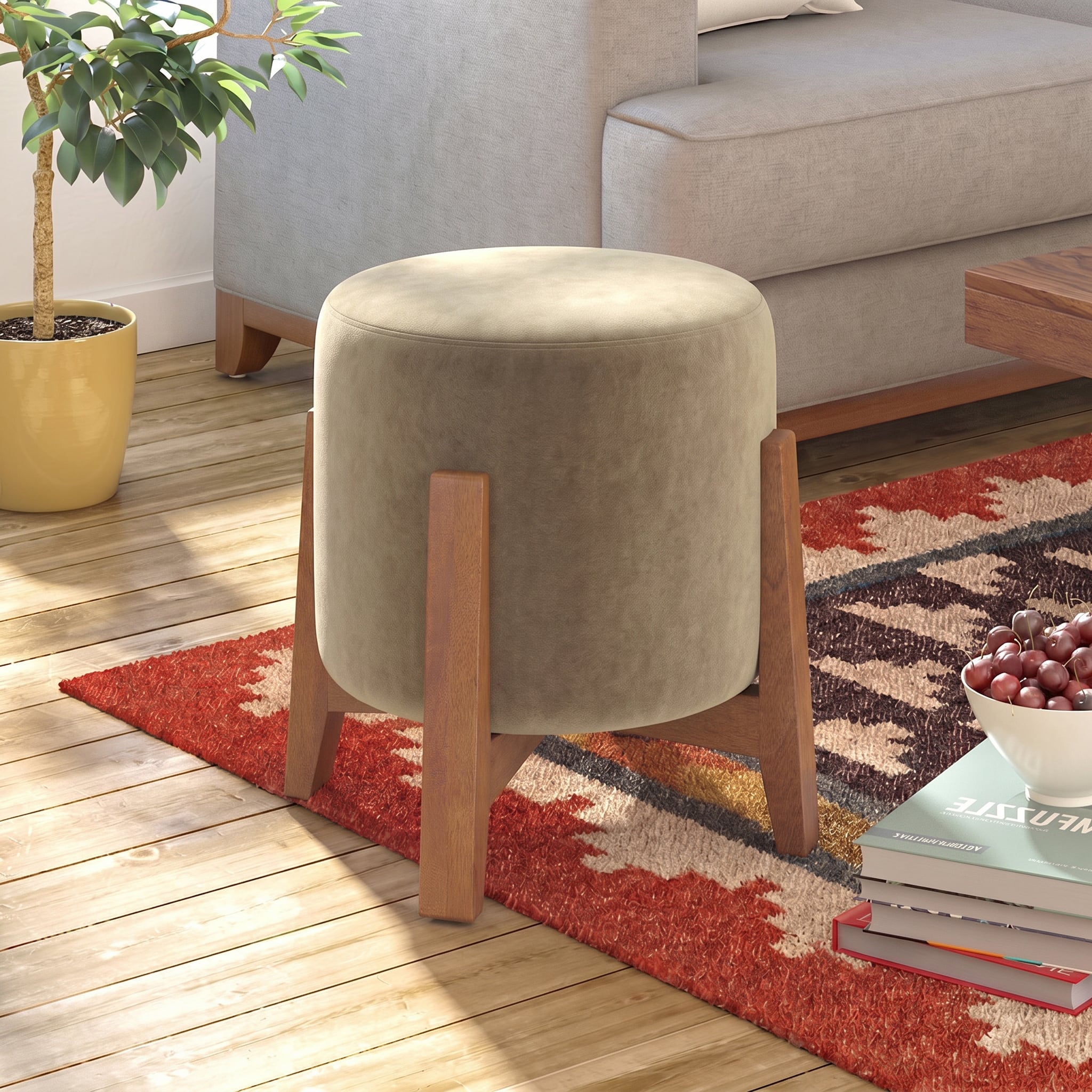Nicole Stool In Amber Walnut Finish With Dark Beige Micro Velvet Colour